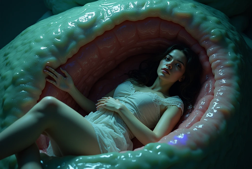 score_9, score_8, score_8up, Highest quality, masterpiece, sf, Photo quality, Real,  The moment a beautiful girl crawls out of a giant uterus embedded in a bright wall, lotionでヌメヌメな質感, The uterus envelops the beautiful girl, The surface of the uterus is covered with mucous membrane and has numerous large and small dark red blood vessels., 美少女は写実的でRealな描写で完全に人間の体型と顔立ちを持ち優しい表情をしている, The upper half of a beautiful girl is sticking out of her cervix, 美少女の体は子宮口を広げながらOn all foursで這い出す, 背景は明るくRealな雰囲気が漂っている, BREAK, On all fours, Crawling Beautiful Girl, ((Mucus, lotion)),  Very big boobs, Slim face, bangs, Brown Hair, Straight hair, Red lipstick, sexy, ancient ruins, (The body is covered with mucous membranes), Black choker, Looking at the camera, 若い日本人sexyアイドルの顔, Style: Surrealism, BREAK, She is a reptile-human hybrid with snake-like scales growing on her body.