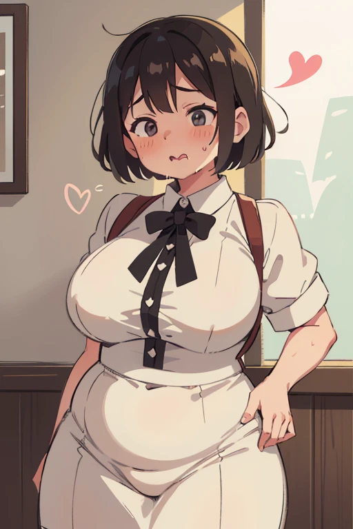 1girl, solo, short hair, breasts, looking at viewer, (blush), soft smile, bangs, simple background, black hair, thighhighs, navel, twintails, swimsuit, bikini, puffy sleeves, black thighhighs, huge breasts, covered nipples, hand on hip, pink eyes, maid headdress, wide hips, thin waist , big thighs ,black bikini, side-tie bikini bottom, anger vein, micro bikini higokko