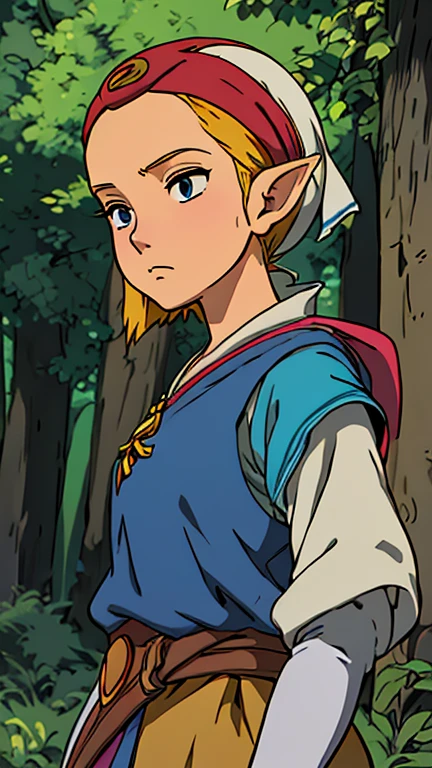 (Teens:1girl: young zelda), (extremely detailed CG unit 8k wallpaper),(master part), (best quality), (ultra detail), (best illustration),(ghibli / Background Style ( Ghibli )), cowboy shot, (Sharp eyeliner, ombre, detailed eyes:1), forest, outdoor, ,break , (ghbl_style), upper body, 