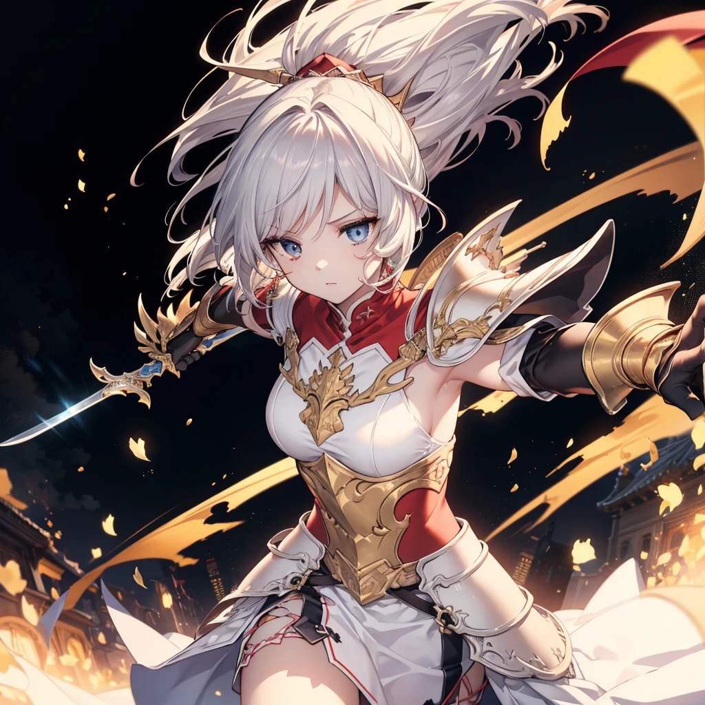 (( (masterpiece),(Very detailed CG Unity 8k wallpaper),(Bust Shot:1.5), highest quality,Cinema Lighting,Photorealistic, Detailed Background,Beautiful and beautiful eyes,Bright Eyes,(Very elegant and beautiful),(Beautifully detailed eye depiction),Very detailed,masterpiece,High resolution)), Richly decorated armor, Beautiful Female Warrior, short hair, Platinum Blonde Hair, Cleavage、Various actions、Various clothes、Red costume、Various poses、Colorful costumes、whole body、Beautiful feet