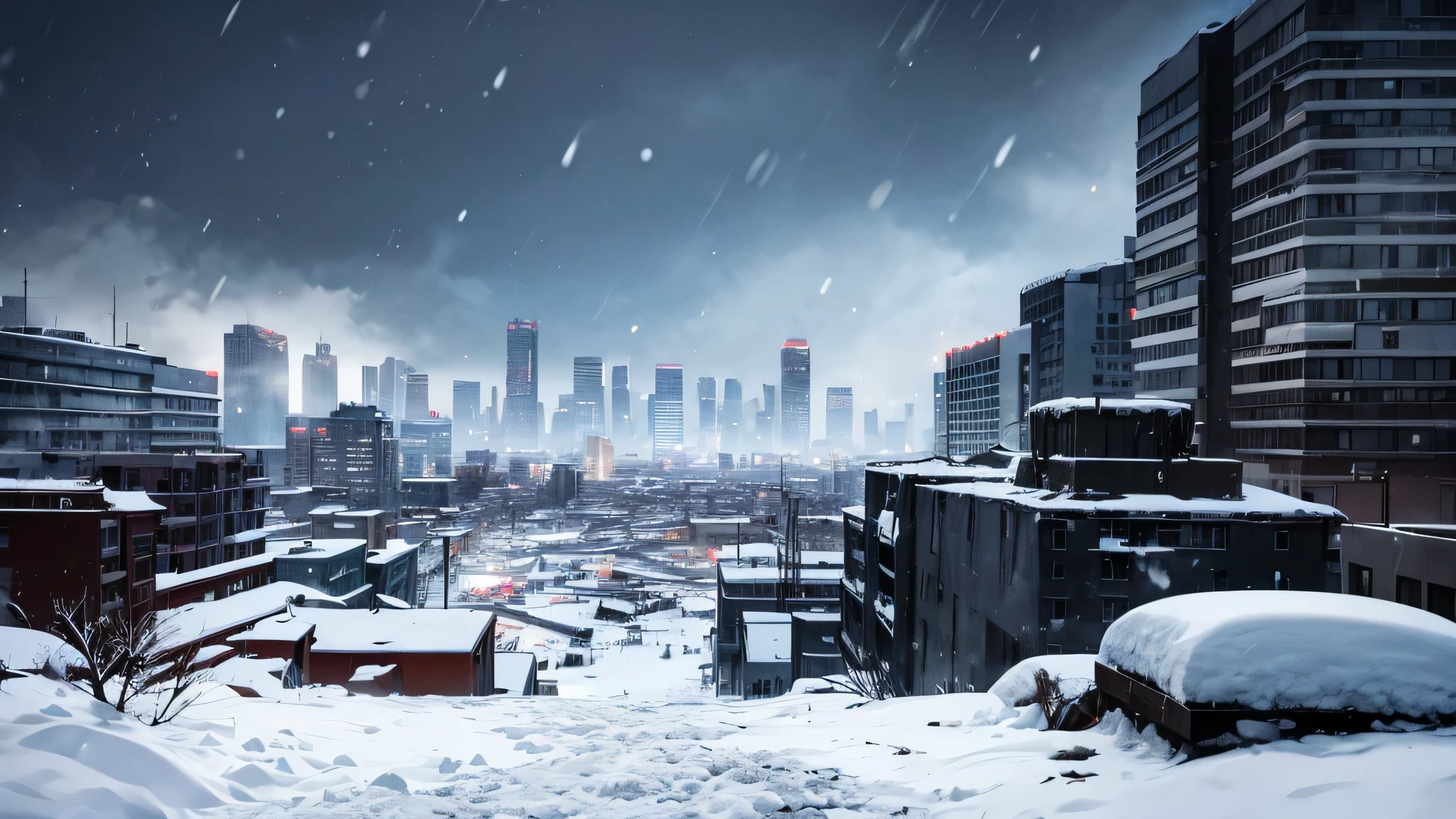 ((battle, fight, snowing, snow)), semi-realistic, bochen, guweiz, masterpiece, highres, highly detailed, (Post-apoc, postapoc_character, postapoc_scenery) ruined_cityscape, cityscape, overgrown, dark, cloudy, hazmat, hazmat_suit, 1boy, holding weapon, assault rifle, hood, gloves, armor, sign, road, distant_character <lora:ApocalypseEngine2:0.8>
