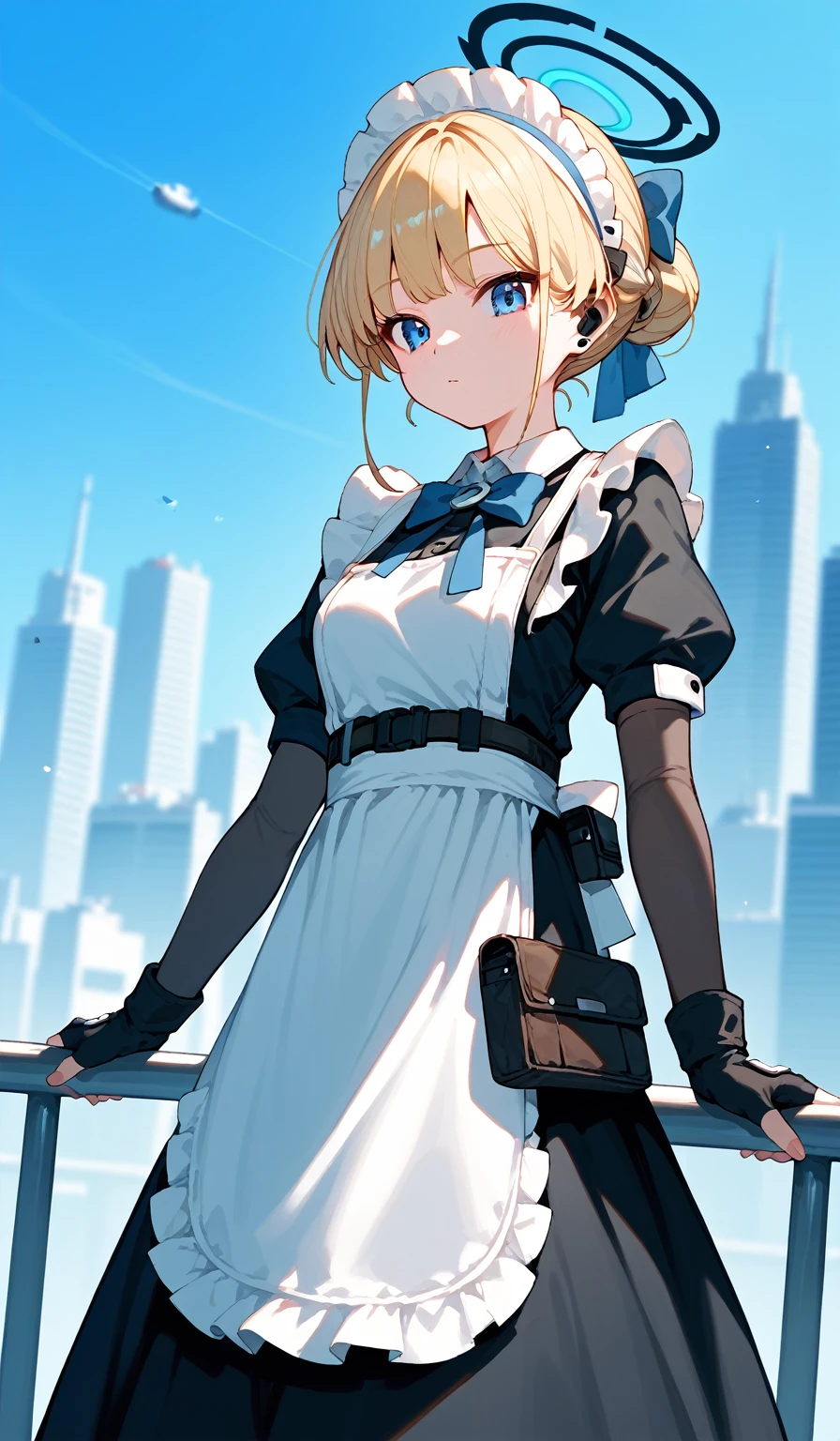 Score_9, Score_8_up, Score_7_up, sauce_anime,
of courseasuma, of course, Blonde, blue eyes,
Hair Bun, Short Hair, halo, apron, belt Pouch, black dress, Black gloves, blue bow, bow, dress, elbow gloves, Fingerless gloves, gloves, halo, Long sleeve, Maid, Maid apron, Maid headdress, Pouch,
Outdoor, Cityscape, Watching the audience lean forward, Dutch Angle, Cowboy Shot