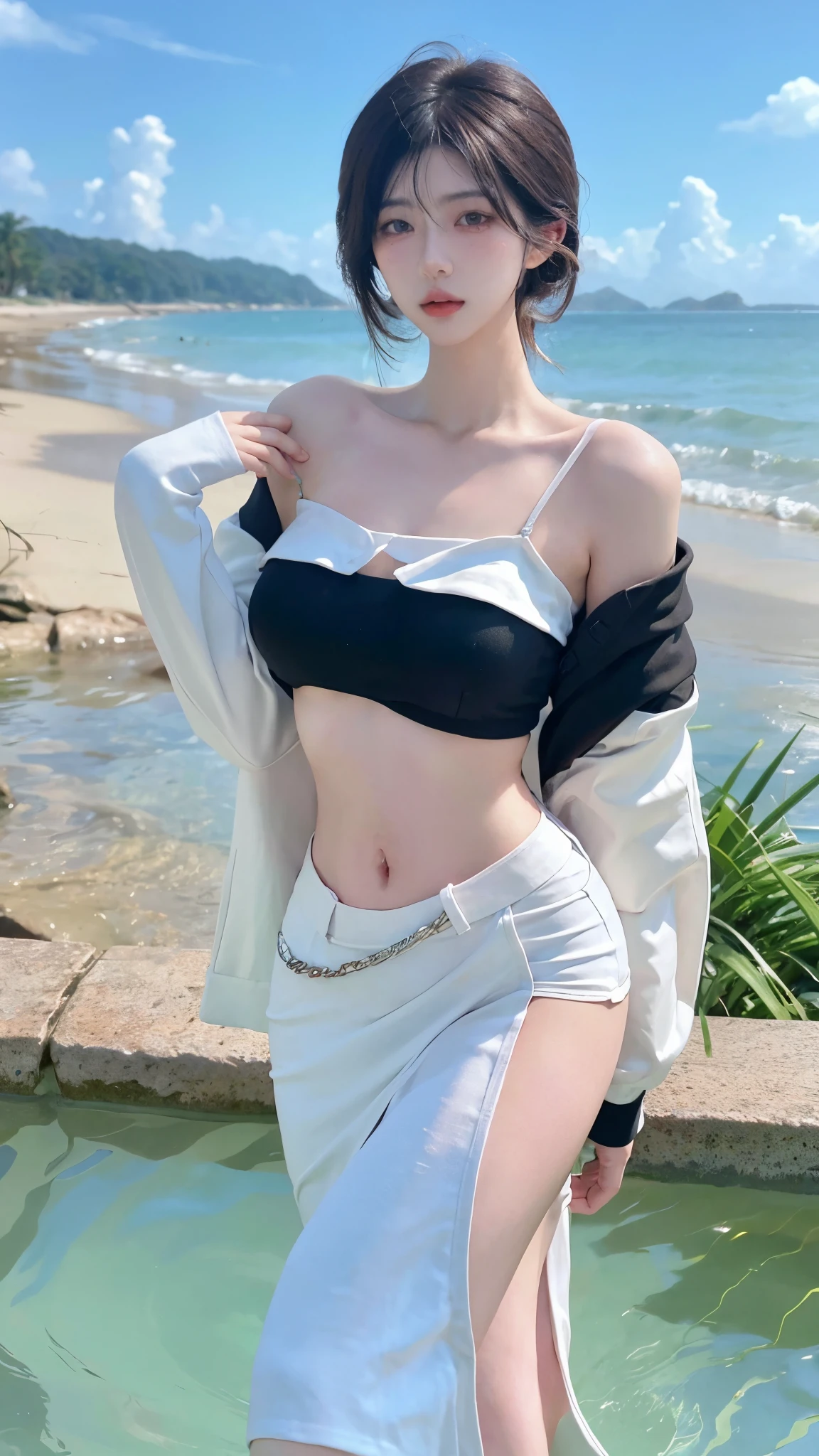 (((HD photo))), ultra high res.photorealistic:. 1.4, UHD, masterpiece, sexy 18 year old girl, solo, small perky breasts, pierced nipples, tiny red shorts, body focus, Detailed skin, Detailed Face, Detailed Lips, Detailed Eyes, beach and blue sea in background, nsfw