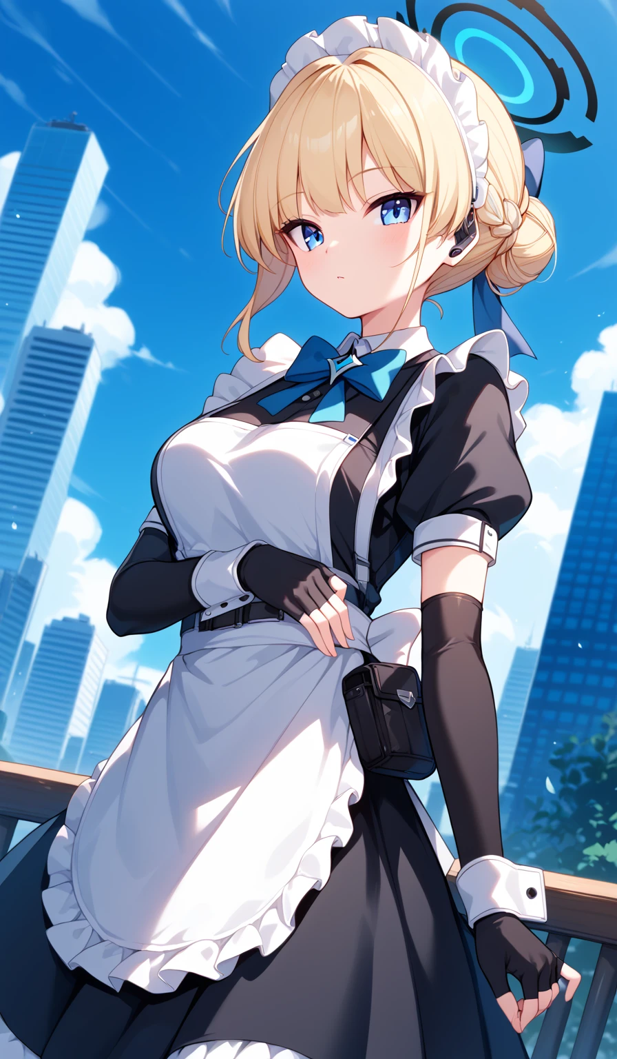 Score_9, Score_8_up, Score_7_up, sauce_anime,
of courseasuma, of course, Blonde, blue eyes,
Hair Bun, Short Hair, halo, apron, belt Pouch, black dress, Black gloves, blue bow, bow, dress, elbow gloves, Fingerless gloves, gloves, halo, Long sleeve, Maid, Maid apron, Maid headdress, Pouch,
Outdoor, Cityscape, Watching the audience lean forward, Dutch Angle, Cowboy Shot