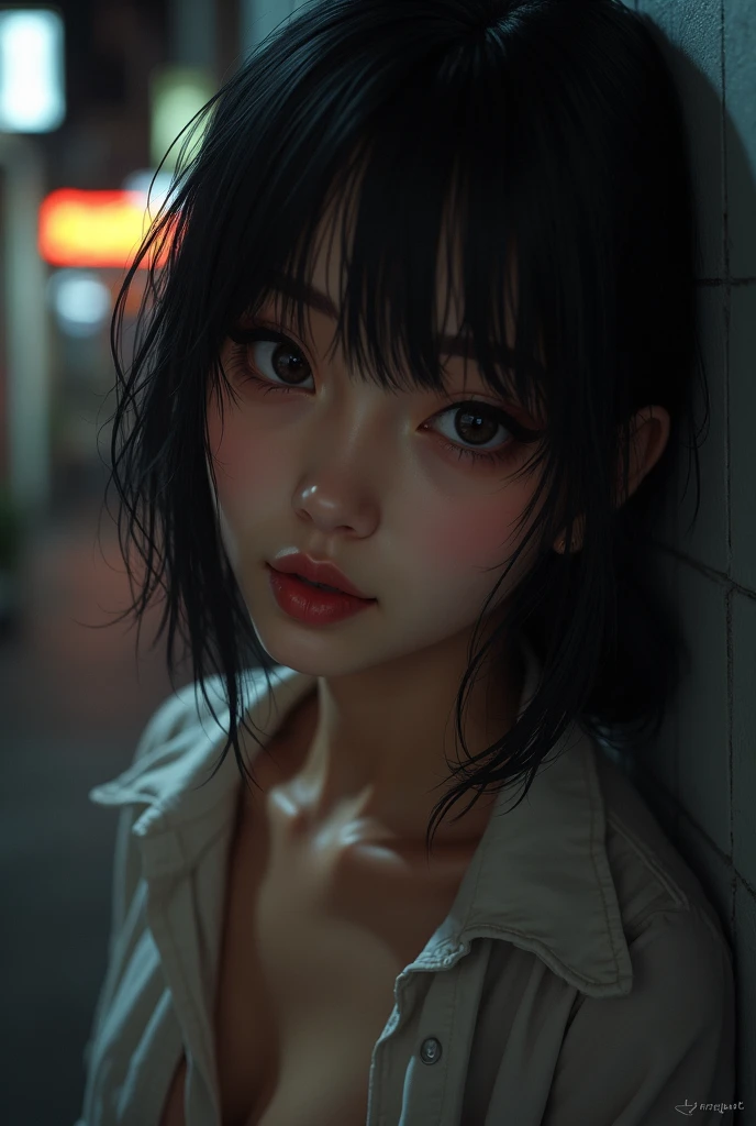 Top image quality, tmasterpiece, 超高分辨率, （Fidelity：1.4）, photore,deluge, stunningly beautiful woman, （Sorrow）, white  shirt, dim murky lights, shadowy, Desperate, Pity, Pathetic, Cinematic, Tears, tear drop, （ripped clothing：1.5）, （Wet clothes：1.4）, bare shoulders​, Real rain, wetting hair