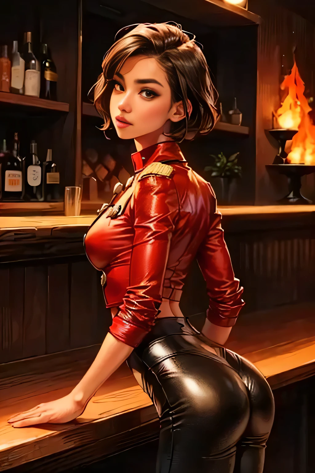 (best quality,highres),(realistic:1.37),(portrait),(studio lighting), ((red fireman uniform:1.3)) ,solo mature woman, small breasts, skinny ass,  dark short hair, full lips, seductive, (in a bar:1.5), ((leather tight pants:1.3)), ((skinny:1.4)), ((slim:1.3)), ((small ass)), ((petite)), ((sexual position:1.4))