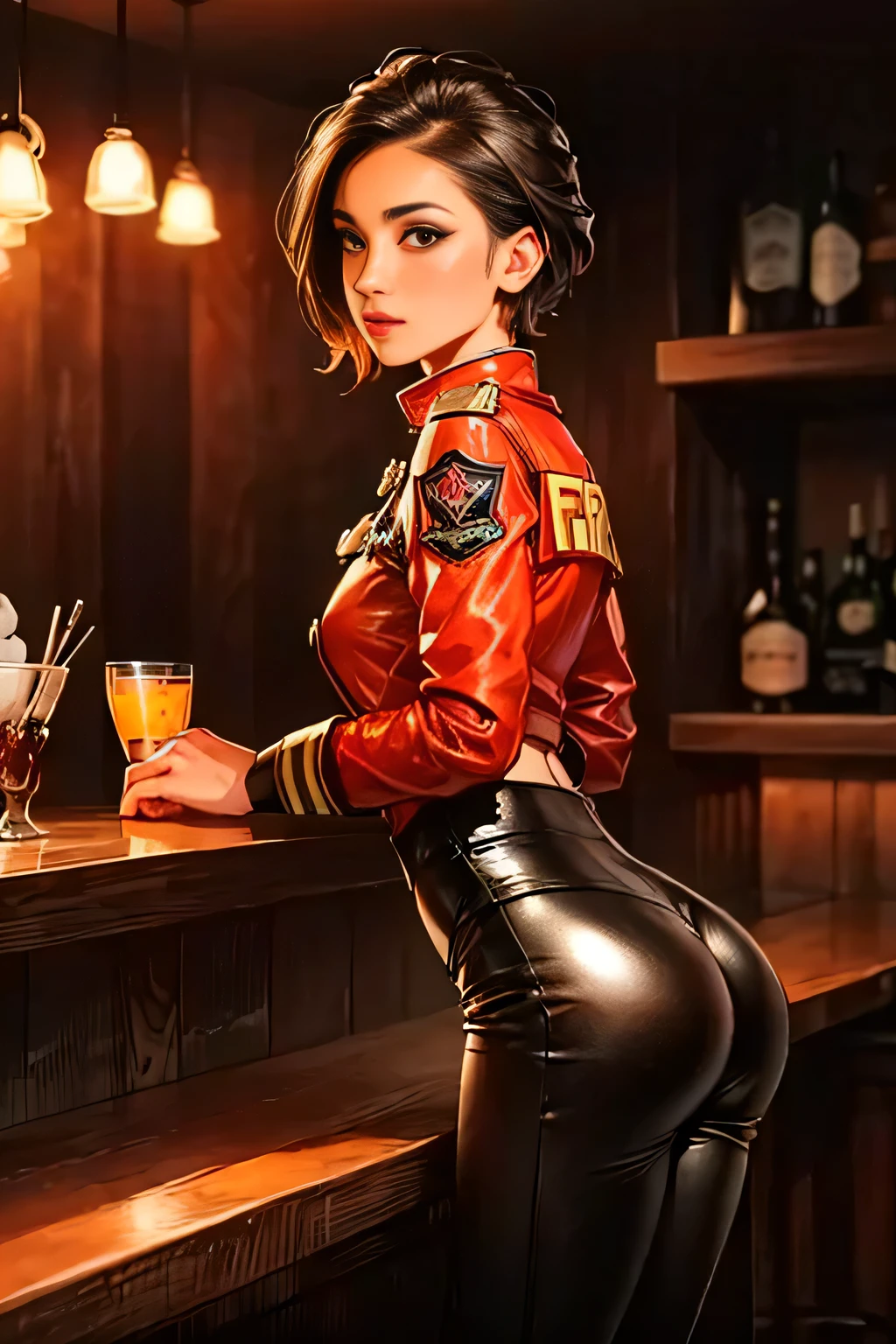 (best quality,highres),(realistic:1.37),(portrait),(studio lighting), ((red fireman uniform:1.3)) ,solo mature woman, small breasts, skinny ass,  dark short hair, full lips, seductive, (in a bar:1.5), ((leather tight pants:1.3)), ((skinny:1.4)), ((slim:1.3)), ((small ass)), ((petite)), ((sexual position:1.4))