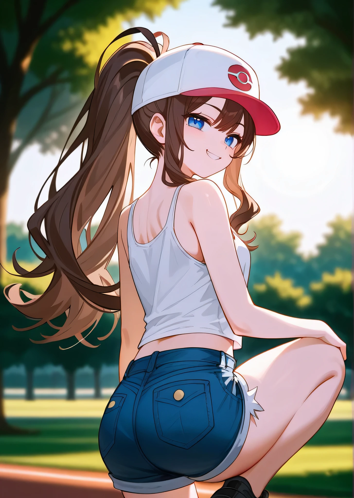 [hilda \(pokemon\)], [Pokemon], ((masterpiece)), ((HD)), ((high res)), ((solo portrait)), ((back view)), ((waist up)), ((cute anime aesthetic)), ((detailed shading)), ((intricate details)), {(attractive figure), (brown hair), (long ponytail), (cute blue eyes), (small breasts), (curvy hips), (beautiful legs), (smug grin)}, {(white tank top), (short jean shorts), (exposed pockets), (white baseball cap with pink brim)}, {(crouching), (looking back at viewer)}, [ambient lighting, plains, park, sun rays, trees, sunset]