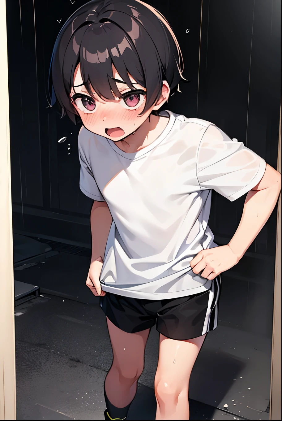 Public toilets,Embarrassing,Urinating(Standing Pee,)Are standing,black eye,1 ,Little Boy(6 years old),2 block short,Black Hair,blush,Black Shirt,Beige shorts,Grey shoes,summer,From below,Cowboy Shot,Please open your mouth wide,shy,Embarrassing,surprised