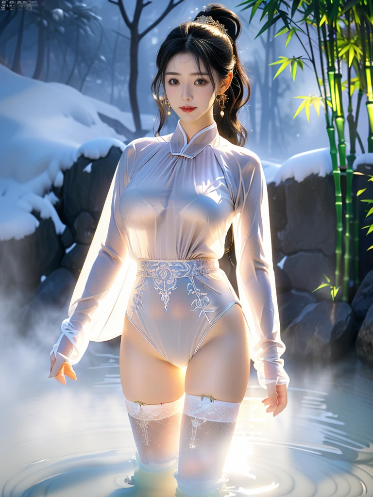 ((A woman)), 美丽脸庞的Sexy中国华裔女明星, Wearing avant-garde transparent sci-fi clothes, (((Light theme, Exposing the subject, Sexy主题)))
((Transparent clothes: 1.5), (Revealing clothes: 1.5),  (Wet clothes:1.0), (Color of clothes: Bright pink), ((Wearing transparent clothing)), ((Irregular transparent clothing)))
(((night, Private hot spring, Surrounded by fog, bamboo forest, Standing in the water, Snow Scene))),
((8K Ultra HD, 8K, Ultra-high resolution, Best quality, Super Fine, Clear focus. Masterpieces, complete pattern, Ultra HD, Detailed photos, Best image quality，Ultra-clear，Delicate facial features，Well-defined, Highly rated works, Close-up depth of field photography, Above the knee, Symmetrical character)), 
((Creating the image of a real girl), Realistic shadows, Soft lighting, Dynamic Angle, Dynamic poses, Elegant Posture, Cowboy lens, Full body front view, Be confident, Facing the camera, Eyes looking towards camera lens, Standing posture, Open your legs slightly, Golden Ratio Graphics, Minimalism, Center the character), 
( Smile, Sexy的, Balanced Eyes, Realistic eyes, Beautiful details of the eyes,Pretty Face, (Realistic face), Normal facial features, Realistic skin, Pay attention to skin details, Skin is clean and radiant, Whitening, Anatomically correct body, Golden ratio figure, Sexy的身材), 
(Perfect makeup, Gloves, earrings, bracelet, necklace, Jewelry, Hair accessories, shawl, sock, Knee socks, 吊garter, Leg ring, garter, 腿部garter), 
((beautiful hair), Dark black hair, Wavy curly hairstyle, Waist-length hair, Messy Hairstyle, Gradient hairstyles, Cyberpunk Hairstyle, High double ponytail hairstyle), 
(Sexy的, Perfect breast shape, Teardrop chest shape, Snow-white breasts, Very detailed breasts, 34C cup), 
(Super high waist, Deep V, Low-cut, Sexy, Flattering, Open crotch, (Clear camel toe, (High fork strangulation))),
(((Clear outline, Clear underwear, 透明Sexy的穿着)))