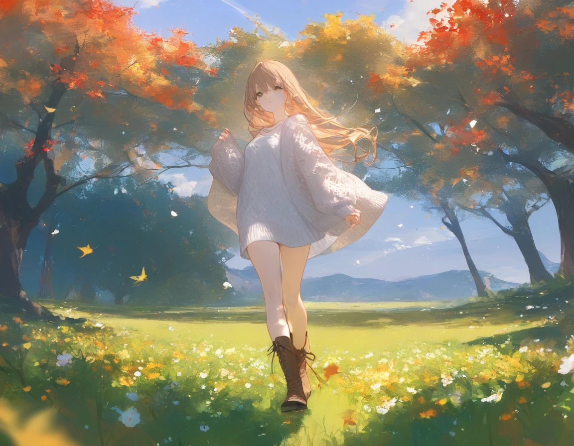 A split-screen image: on the left side, a bright summer scene with a clear blue sky, fluffy white clouds, and vibrant green fields filled with flowers. A young girl in a light summer dress is walking joyfully. On the right side, an autumn landscape with trees in shades of red and gold, a gentle wind blowing fallen leaves. The same girl is now wearing a cozy sweater and boots, transitioning from summer to autumn. The light and atmosphere change as she moves, symbolizing the passage of time and seasons, ultra high detailed