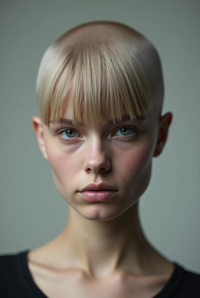 petite slender body in frame, cute alien forehead, small pug face, round vivid blue eyes, full lush lips, pale skin, perfect skin texture, real, photo, soft shadows, no makeup, high cheekbones, shoulder length loose white hair, small cute nose, strong jaw line, white eyebrows, ?????, slender strong athletic 6-pack abs, thin lean skinny waist, skinny fitness, standing with dark neutral background, petite ?????, ????? ???????, random pose, uncensored