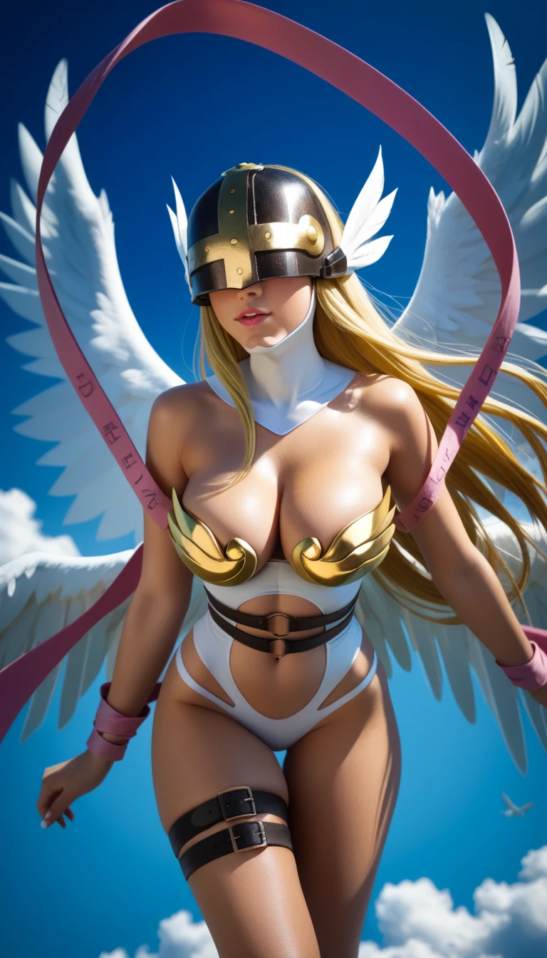 score_9, score_8_up, score_7_up, score_6_up, uncensored, digimon_\(creature\), angewomon, blonde hair, angel_wings, feathered_wings, winged_helmet, helmet, BREAK (masterpiece:1.2), best quality, high resolution,(detailed eyes:1.3), perfect lighting,(perfect hands, perfect anatomy), large breasts, asymmetrical_clothes, navel, multiple_wings, belt, cleavage, thigh_strap, bare_shoulders, flying, clouds, birds
