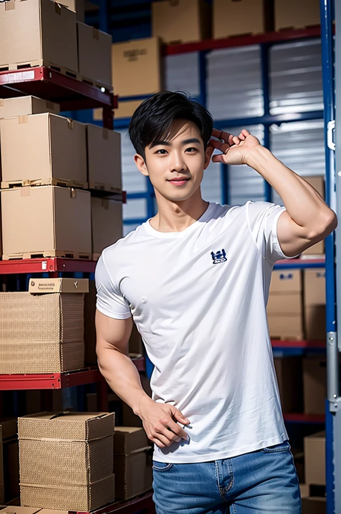 1 man, smile, (Wear a white round neck shirt., short sleeve shirt ยี่ห้อ under armor), (Jeans), (Korean guy) , korean men, (Lifelike lighting), chest muscles, Big arm muscles, blood vessel, big muscles, Broad shoulders, looking at the audience, Balancing the eyeake eye contact),(warehouse:1.6), sit in the shade ,dark holding a scythe,