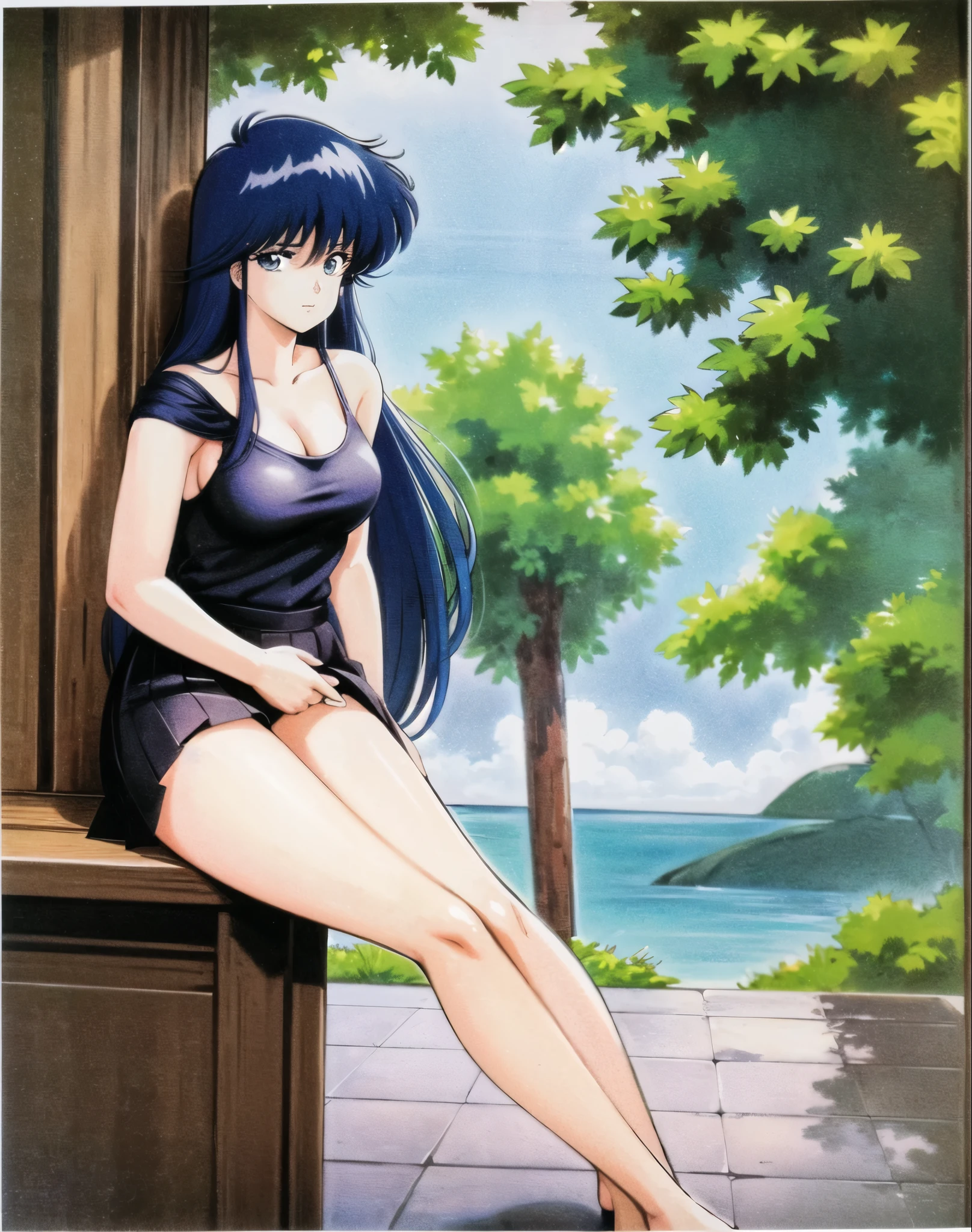 lynn minmay, macross, 1girl, solo, very long hair, torn clothes, torn legwear, 1990s \(style\), ((pussy)), no panties, full body, sitting