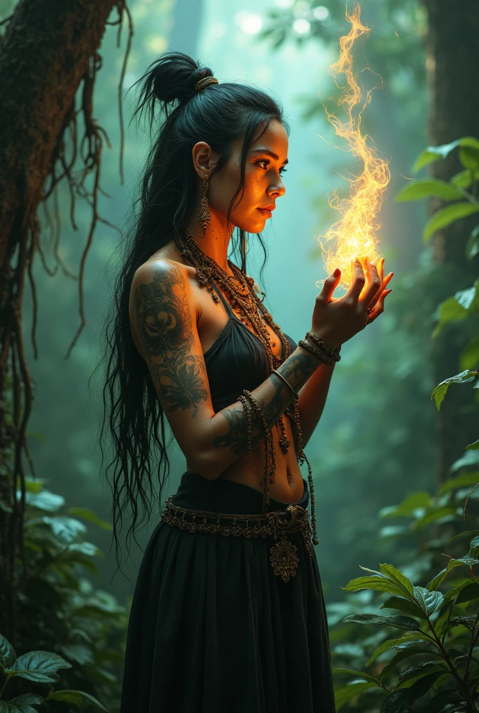 (A gorgeous 23-year-old Italian woman,cleavage,curvy body,ancient dark magic priestess,gothic,horror movie,spooky scene,hyperrealistic,photorealistic,best quality,8k,ultra-detailed,vivid colors,dramatic lighting,chiaroscuro,moody,cinematic)ethereal. ((Glowing energy in her hands))Lightning.  Power. Glowing ancien tattoos all over her dark skin.