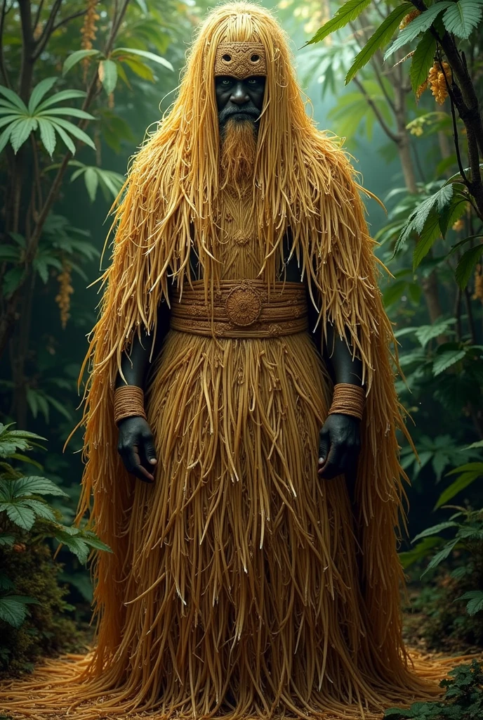 African man with face covered by straw mask and cloak made of straw on a dirt floor