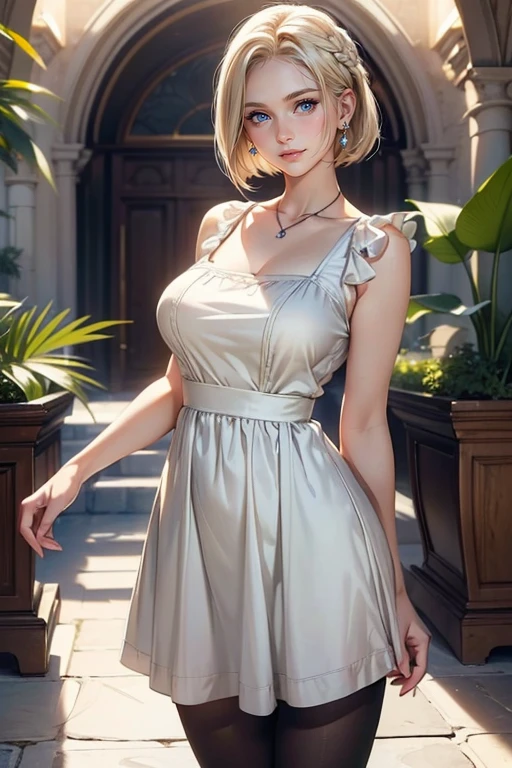 (Highest quality、Best image quality、High resolution、Highest quality、最High resolution、Very beautiful woman、Perfect Anatomy)、bright light blue eyes、Very pale blue eyes、Smaller diamond-shaped earrings、Look closely at the camera、Beautiful blonde short hair、Beautiful bangs!、Lip gloss、Smiling very happily、Very cute smile、Beautiful upper teeth、Shining light from the window、Slightly larger eyes、Small face、Tall Supermodels、Large Breasts, Cleavage、とても美しいLarge Breasts、Beautiful outdoor background with very blue sky and clouds、Please put your hands on your hips、Dynamic Angle、Eye focus、Bring your finger to your mouth、Very beautiful 28 years old、 Sharp jawline、  Deep neckline, Sexy Legs, Perfect Ass, Great ass、Sexy Lingerie