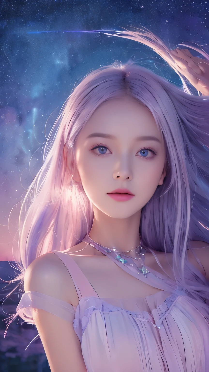 ((Masterpiece, best quality): 1.3,
(Negative space: 1.4),
One girl, solo: 1.4,
Beautifully detailed eyes,
Floating pastel pink and lavender hair,
Lavender eyes reflecting the stars,
At night, under the starry sky,
Stars shining brightly in the background.)