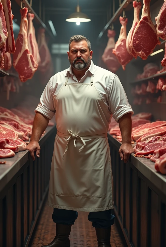 Man in orange apron preparing rare meat on a table in a dark room, Dragan Bibin, dans une Boucherie, hyper realism renaissance art, Style de Dragan Bibin, Vdragan Bibin, par Santiago Martínez Delgado, couple Jens Juel, Boucher, Fat Butcher Man Posing Scary Way, by László Balogh