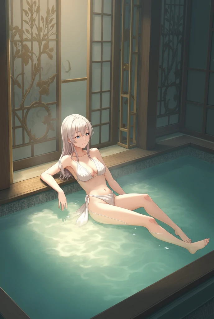Irisviel,black sheer dress sleeveless,solo,looking at viewer,beautiful smile,arm at side,middle size of breast,beautiful necklace,in beautiful bathroom,wet dress,water water with flowers,big bathtub with decorations,Sexual atmosphere,wet irisviel
