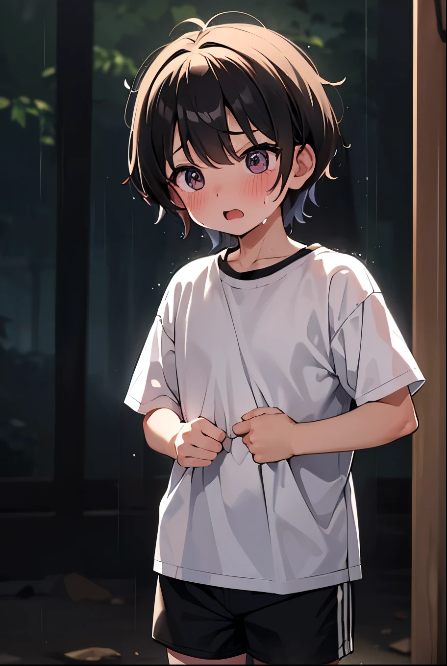 Little Boy,White shirt,Black shorts,Sweat,Shortcuts,Are standing,Embarrassed,Please open your mouth wide,running shoes,rain,forest,night,Downward,