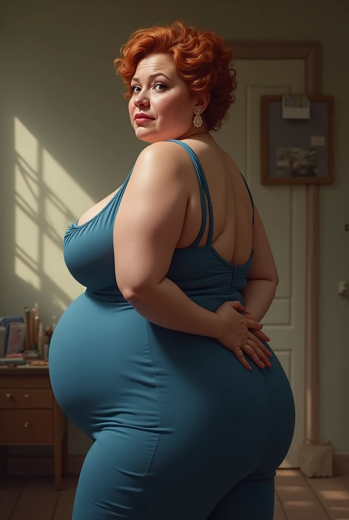 A sleeping photo of a young beautiful redhead bbw with long wavy ginger hair soft fat belly, wide fat obese hips, thick fat legs and fat arms, cute pretty face, small breasts, blue eyes, freckles, in a dark blue pijama dress laying and sleeping in a comfortable big double-bed with lot of pillows and blankets in a modern bedroom at dawn