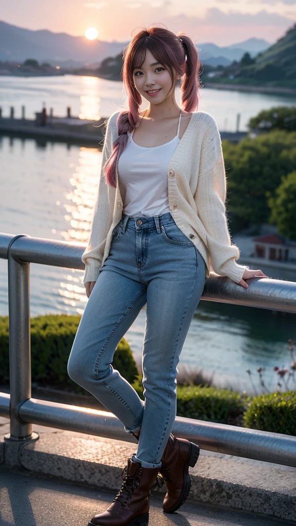 masterpiece, Ultra-high resolution, 4K, Best Quality, 1 person, ((whole body)), Beautiful and exquisite face, Beautiful, smooth skin, Skin Texture, 1, Baby Face, smile, Mountain,sea, Sunset,boots, Denim pants, cardigan, Pink mesh hair, Semi-long hair, Twin tails, Drawing a picture