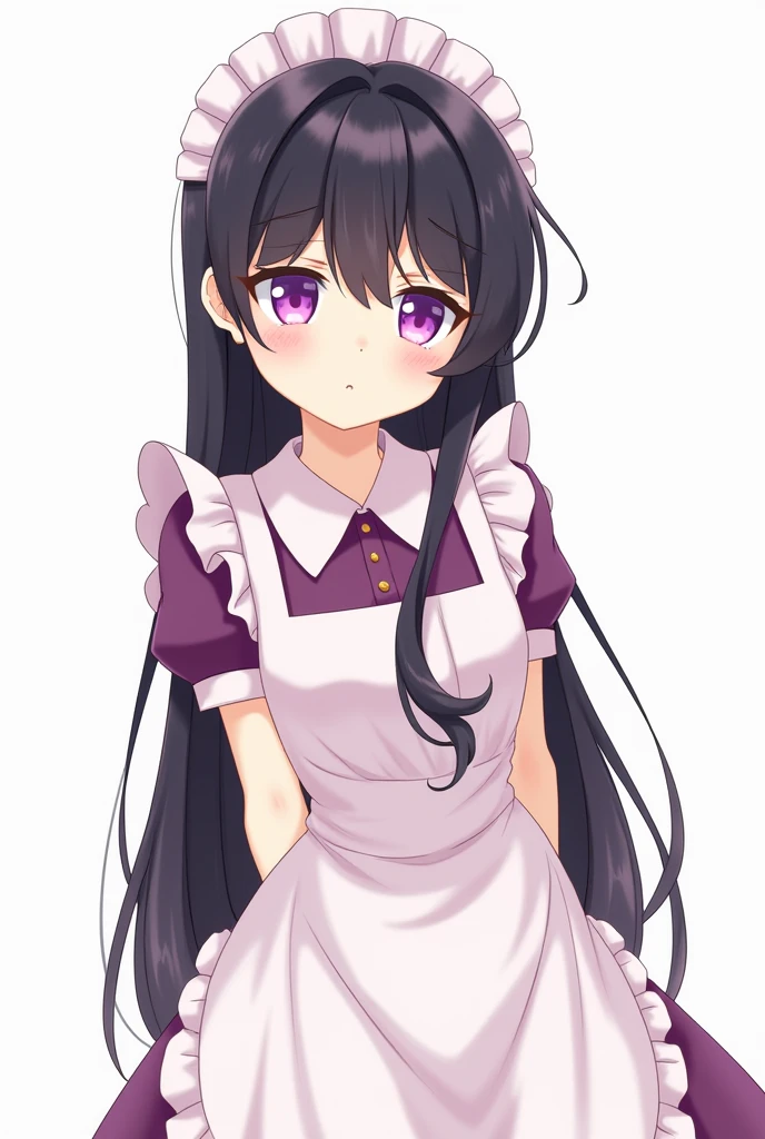 <lora:mesugaki-10:1><lora:working-16:1>yamada, purple hair, long hair, hime cut, purple eyes, small breasts, waitress, ribbon, white shirt, black skirt, yellow apron, smirk, smug, arms behind back, masterpiece, best quality