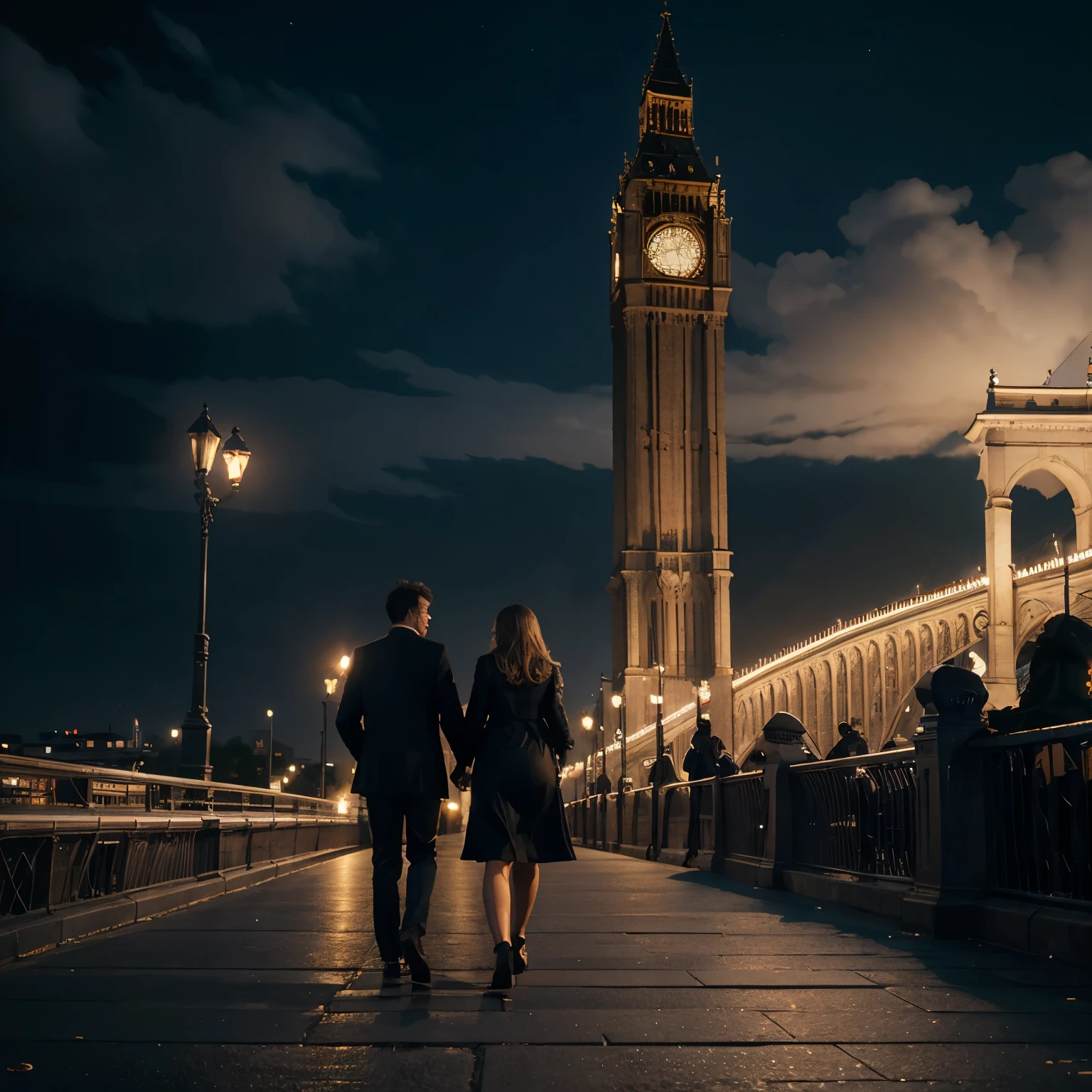 people walking on a bridge in a city at night with a large clock tower in the background, classic scenario, arstation and beeple highly, city street, metropolis, Albert Edward Hughes's draw style
