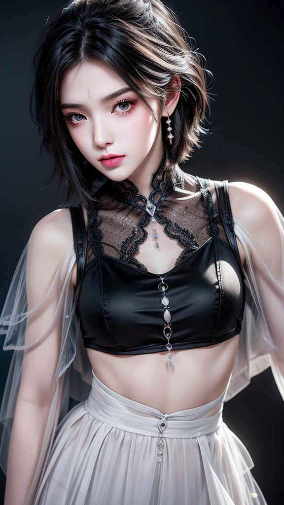 ((Highest quality)),(Ultra-high resolution),(Very detailed),(Detailed Description),((The best CG)),(masterpiece),Ultra-detailed art, Black background、Dramatic lighting1.2、Gives off a radiant aura、semi-long、(((Mid-shot photo 1.5)))、Always look at the viewer with a sharp gaze、Black lace bra、