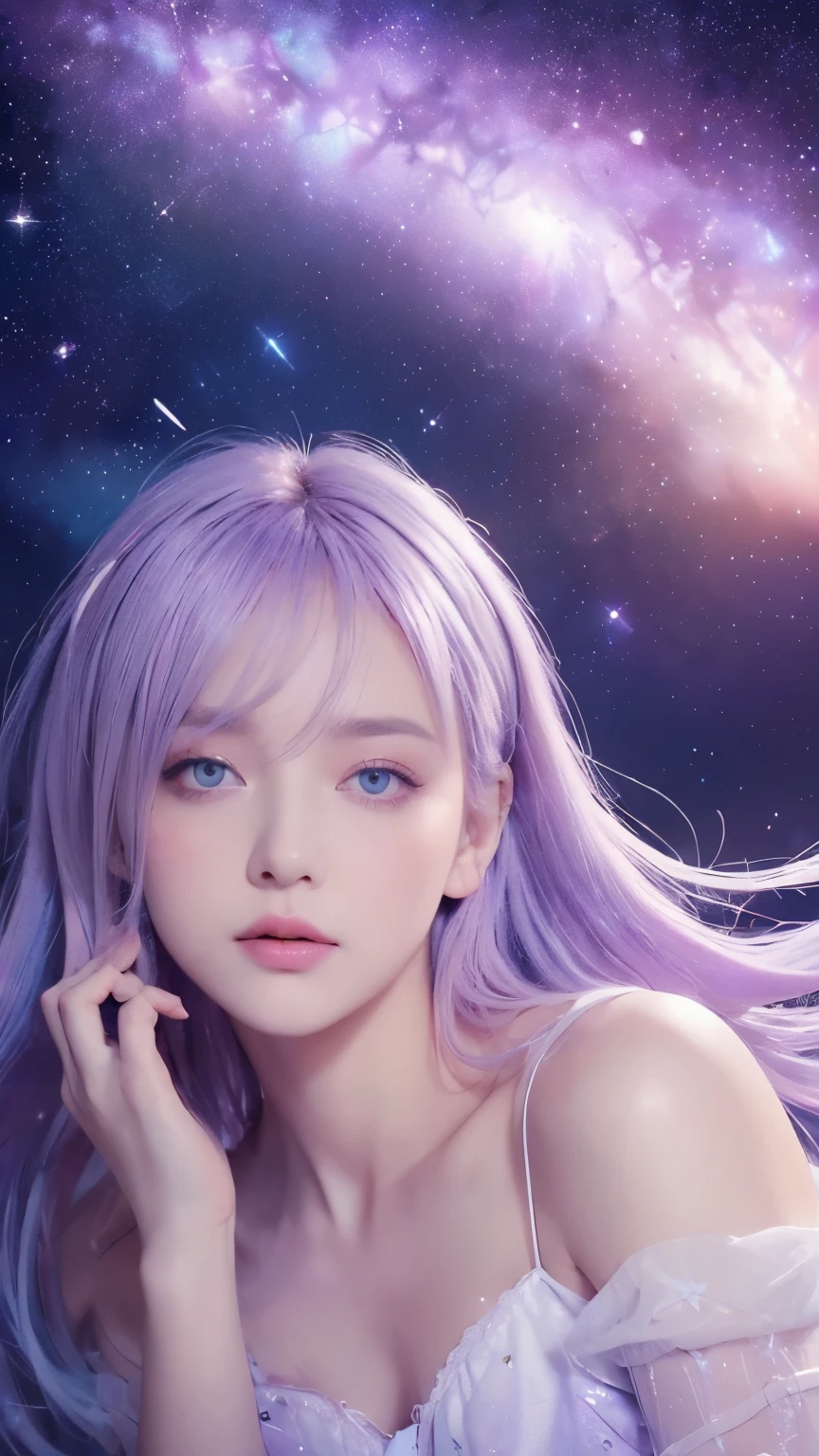 ((Masterpiece, best quality): 1.3,
(Negative space: 1.4),
One girl, solo: 1.4,
Beautifully detailed eyes,
Floating pastel pink and lavender hair,
Lavender eyes reflecting the stars,
At night, under the starry sky,
Stars shining brightly in the background.)