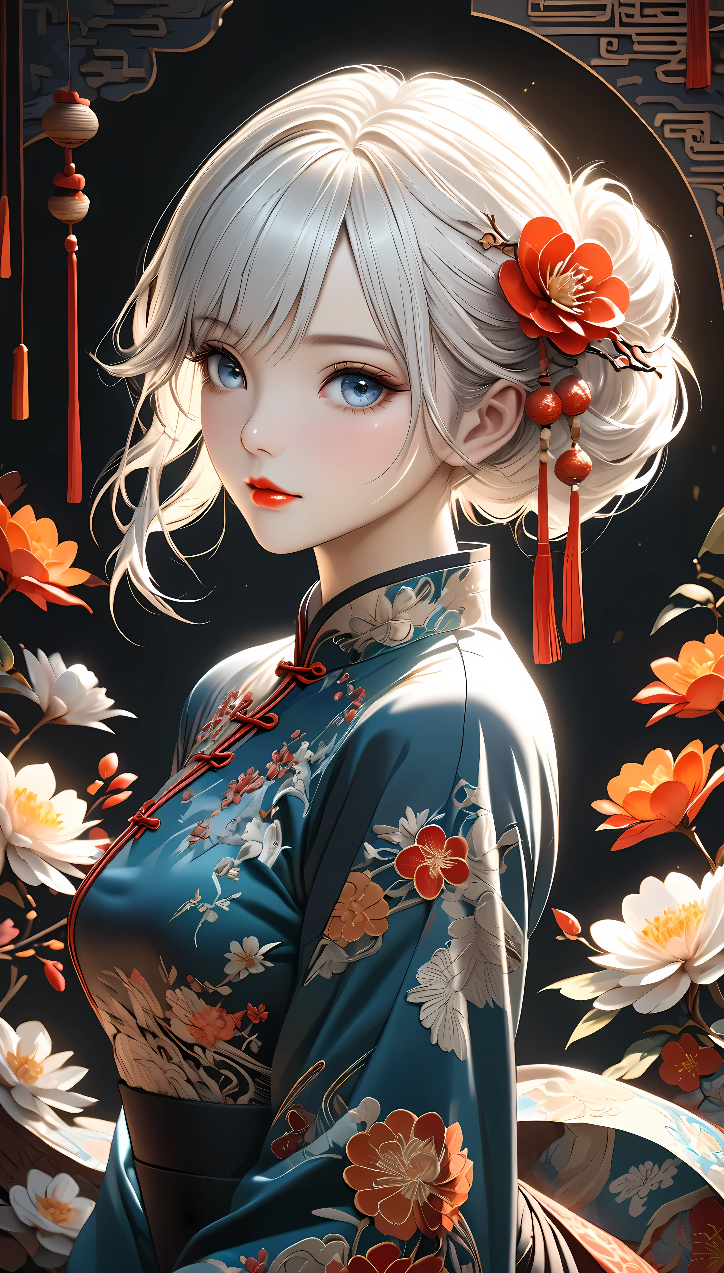 a beautiful chinese girl in a traditional qipao dress, long pure white hair, elegant and graceful pose, ((Healthy tanned oily skin)), beautiful detailed eyes, beautiful detailed lips, extremely detailed face, longeyelashes, detailed embroidery on the dress, Vibrant colors, beautiful flower hairpin, serene expression, ornate background with chinese elements, ((dark color palette)), true white color hair, dim soft lighting, photorealistic, intricate details, masterpiece, 8k, ultra-detailed whole body, Emphasizing white hair, (Dark Background)