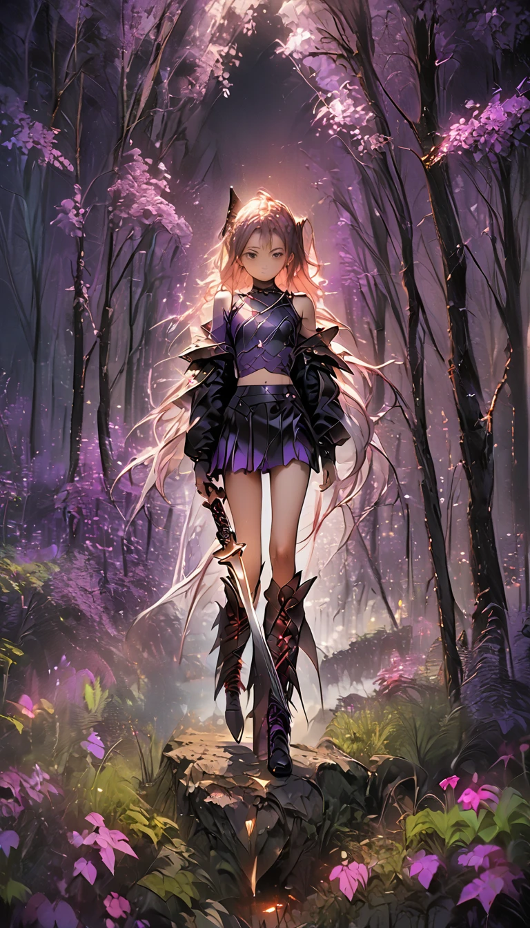 High quality realistic Anime style, high definition high quality realistic, shaded, Ray tracing, 8k, uhd, masterpiece, beautiful young girl,, small body, around twelve yo, battle dress with a few metal ornaments , shining silver middle sized hair, yellow eyes glowing, magical light from the eyes, battle dress with metal details , short dress, garter belt , cold and emotionless expression, fighting pose holding a knife lowered legs, in a Forrest, monsters on the sides, magical lights, magical illumination, a lot of leafs falling, the center figure with an magical aura --auto