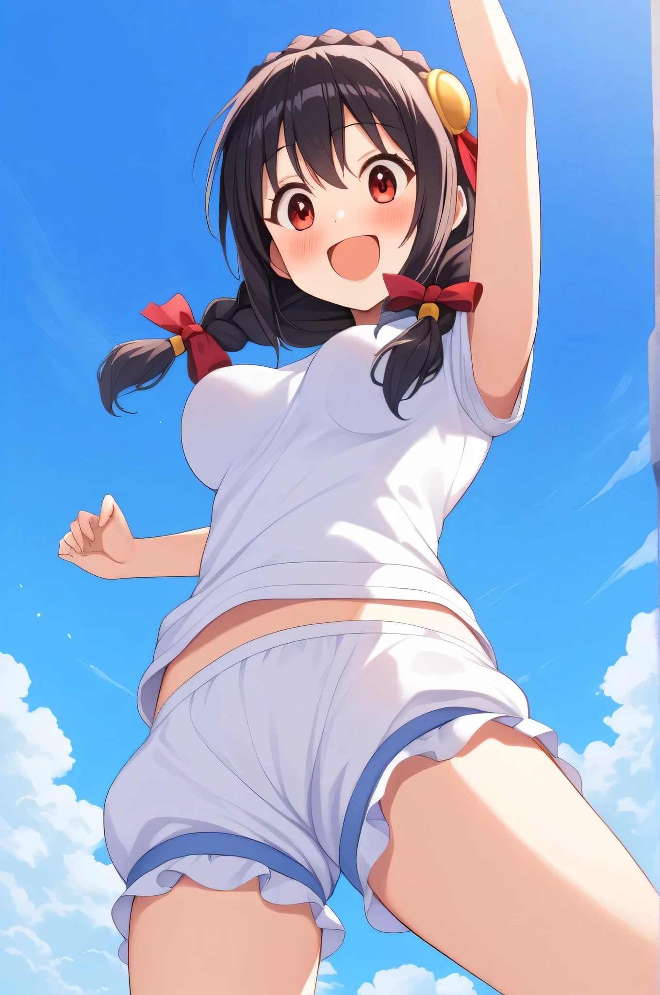 16K、masterpiece、High resolution、((1 high school girl))、Brown Hair、Very large breasts、(((White short-sleeved sporty shirt)、((White sports leggings))、((Place your arms behind your head))、A cheerful smile、smile、Angle from below、、Sweating profusely、Bra is visible、School gym