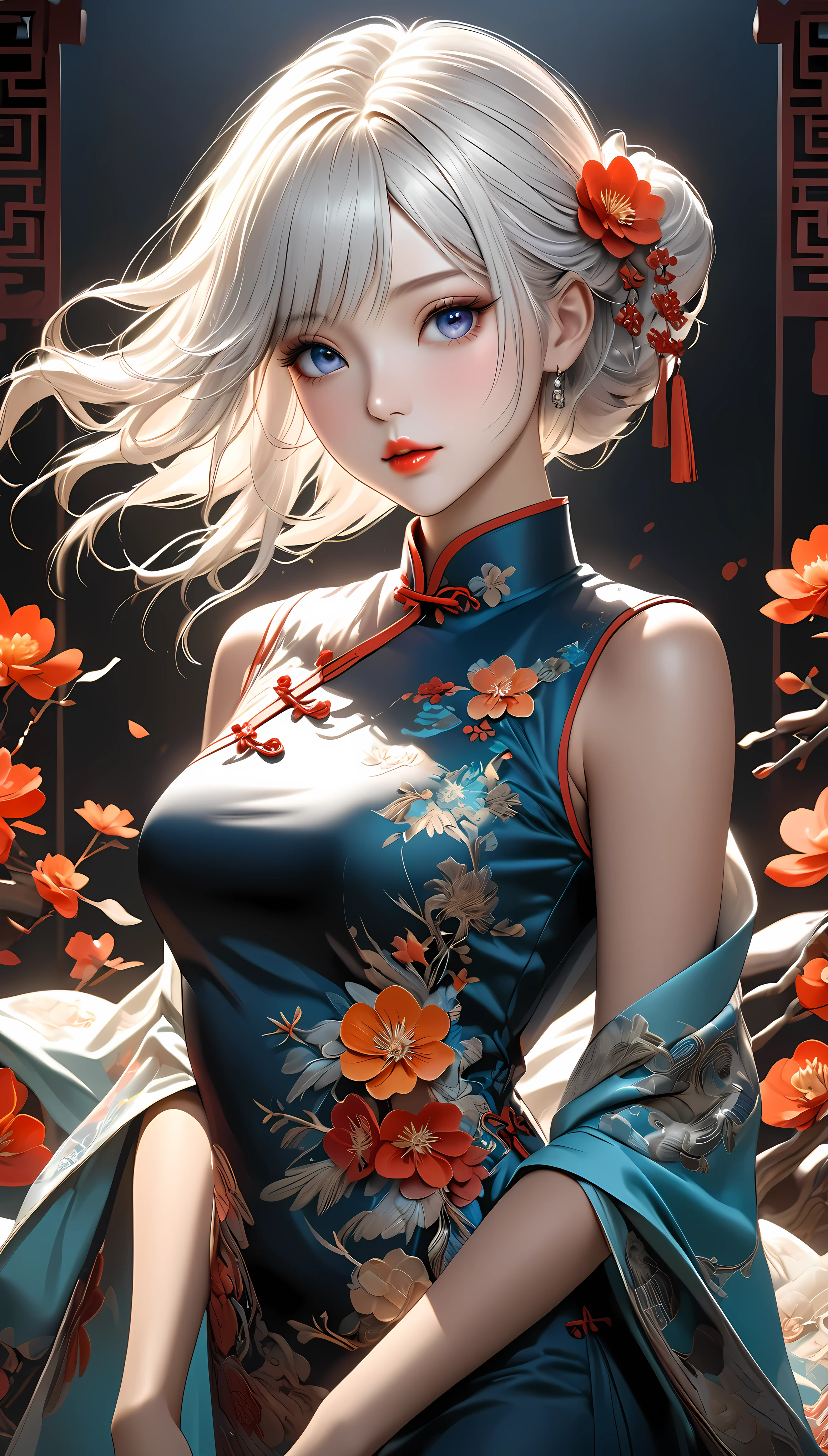 a beautiful chinese girl in a traditional qipao dress, long pure white hair, elegant and graceful pose, ((Healthy tanned oily skin)), beautiful detailed eyes, beautiful detailed lips, extremely detailed face, longeyelashes, detailed embroidery on the dress, Vibrant colors, beautiful flower hairpin, serene expression, ornate background with chinese elements, ((dark color palette)), true white color hair, dim soft lighting, photorealistic, intricate details, masterpiece, 8k, ultra-detailed whole body, Emphasizing white hair, (Dark Background)