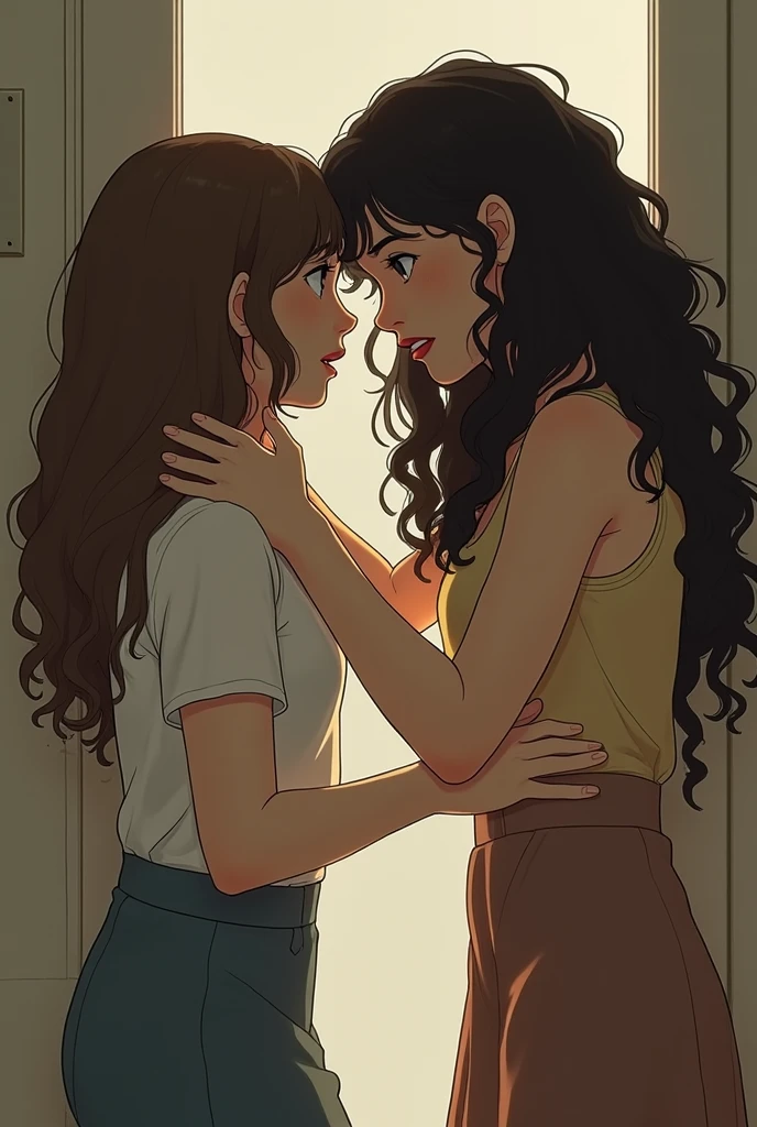 Two girls wearing tank tops and shorts kissing. They both have big tits and big asses, they are groping each other