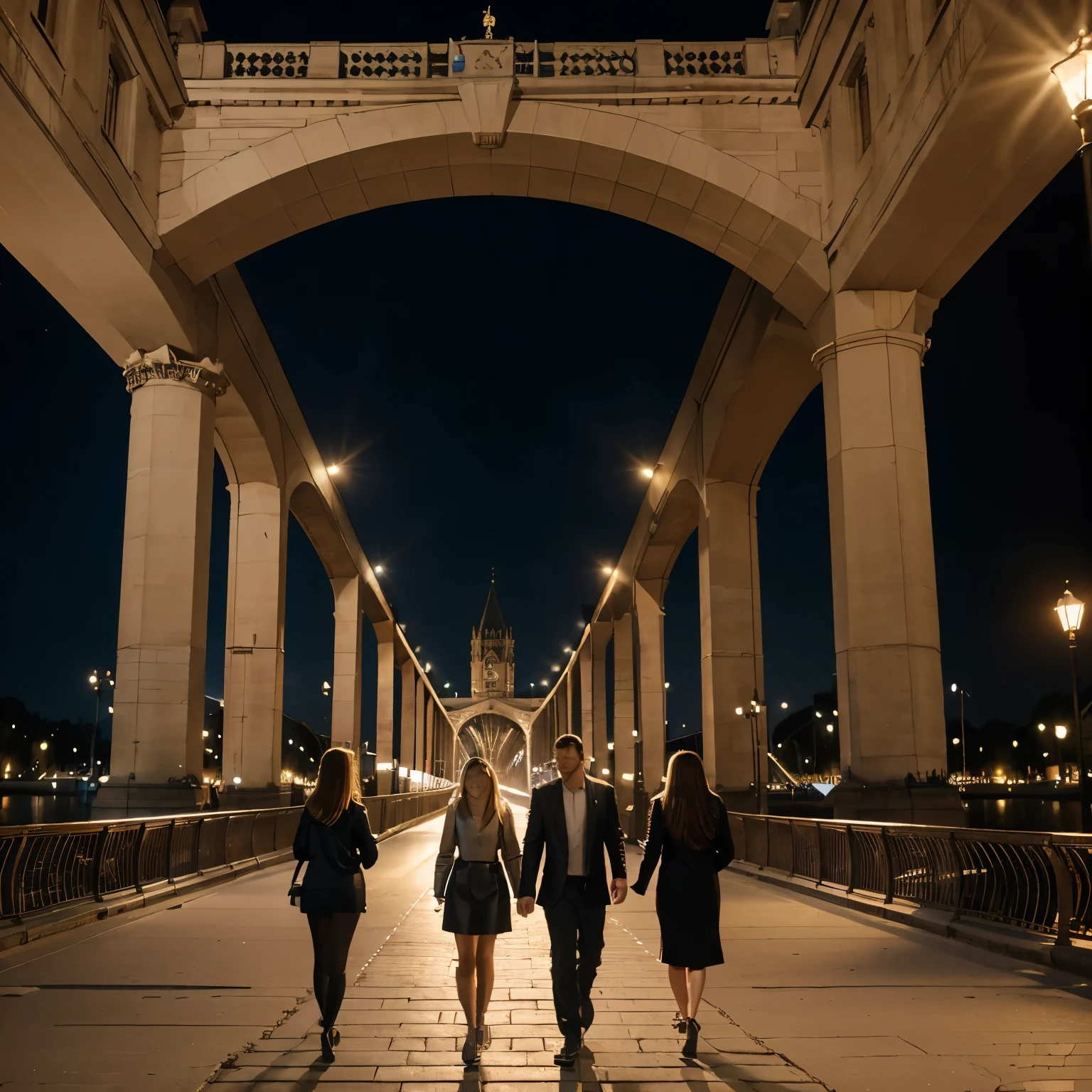 people walking on a bridge in a city at night with a large clock tower in the background, classic scenario, arstation and beeple highly, city street, metropolis, Albert Edward Hughes's draw style