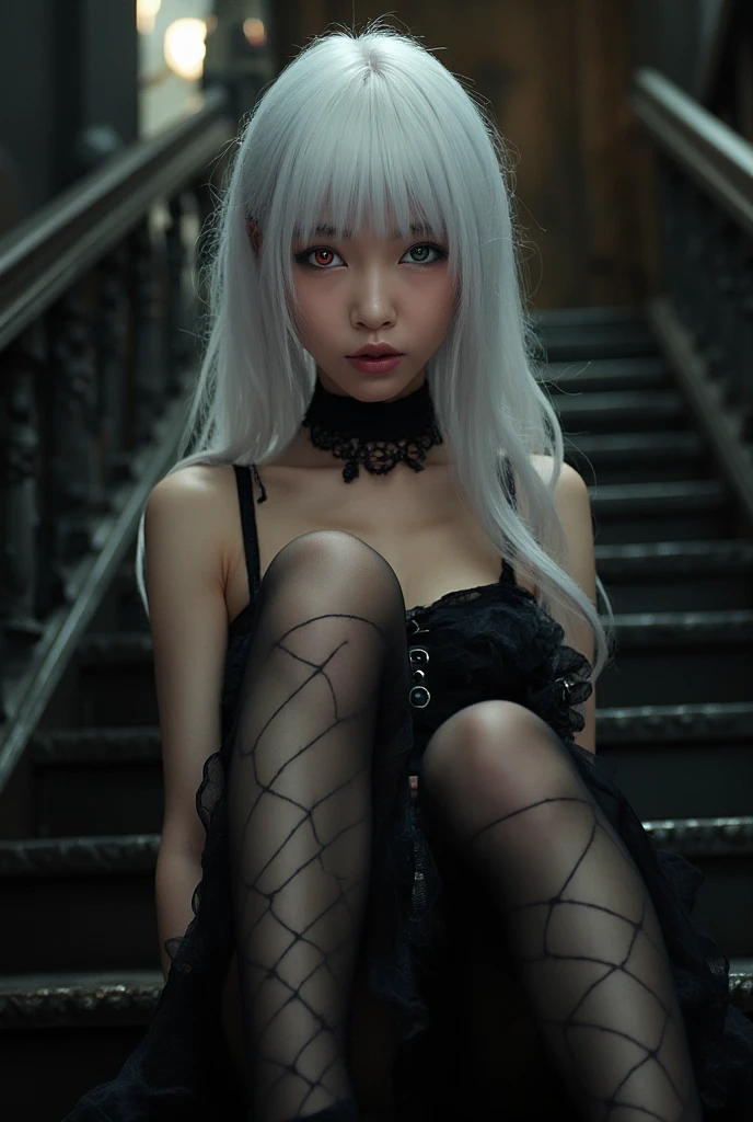 {{{Leg stockings,：Compiled by thin filament lines arranged horizontally}}}，{black stockings},indian style,,full body,from below,high heels,stairs,gothic architecture,,white hair,girl,blue eye,gothic ****ta，,heterochromia golden red,beautiful detailed eyes,