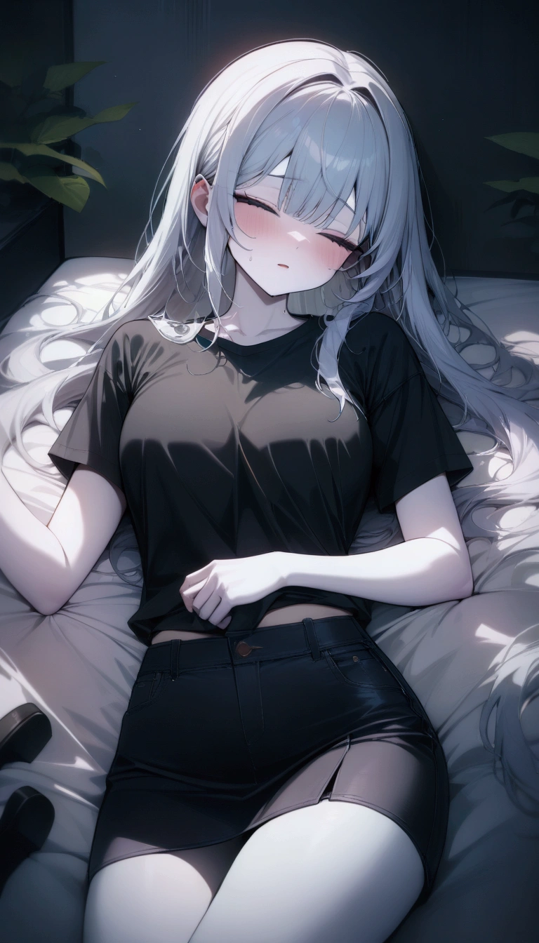 Elf Girl、8-year-old、Medium-long silver hair、Silver Eyes、Just a big black T-shirt、Short sleeves、Other than that, I don't wear anything else、She's not even wearing bottoms、barefoot、Seductive expression、whole body