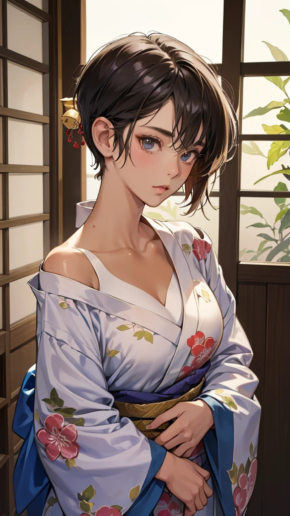 (perfect anatomy:1.2)(absurdres, highres, ultra detailed),masterpiece,best quality,high resolution,8k,Realistic face,Realistic skin texture,magnified textures, stunning clarity,detailed anime girl,(ultra detailed eyes and face),(1 girl)(14 years old:1.2),(baby face:1.2),japanese girl,floral printed blue yukata,、(very short hair:1.5)(two side up:1.6)、tareme,light brown hair:1.2,、glamor、short stature,,Steampunk in the meiji Period、、hieroglyph、Ancient Egyptian statues,(tanned skin:1.5),big breasts,look up viewer,round face,Shoulder Bare,(from front:1.2),(cleavage cutout:1.1),(smile:1.4)(White flower-patterned yukata:1.2)(thin fabrik),(light pink obi:1.2),hands on own hips,、night、Lobby of Japanese Ryokan、(cleavage between breasts:1.1)