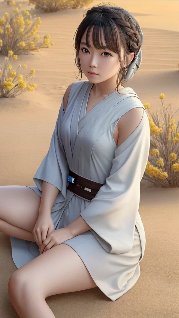 (Jedi meditation:1.3), serene photo,1girl, Jedi master in deep meditation,  in jedioutfit, sitting cross-legged,  (desert oasis:1.1), surrounded by blooming desert flowers, harmonizing with the Force, spiritual retreat, transcendent tranquility, desert enlightenment,  Absurdres, hdr, ultra detailed illustration, extremely detailed face, RAW photo, film grain, skin pores, trending on deviantart 
