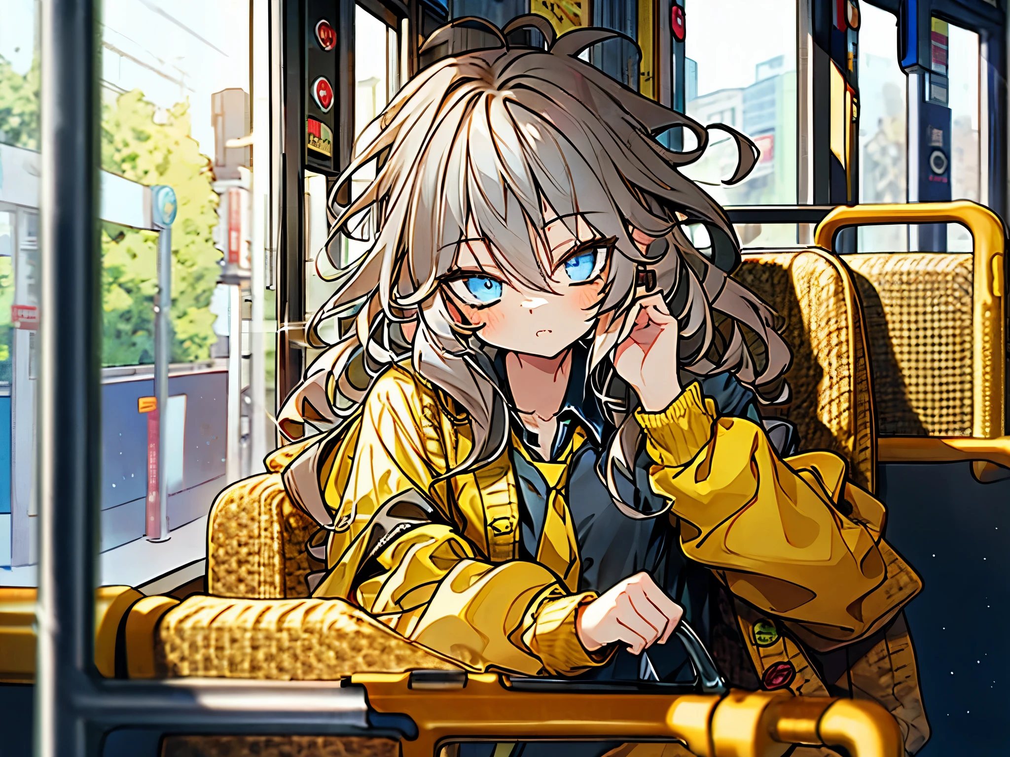 masterpiece, Best Quality, Perfect Face, Highest Resolution, Best Quality,Detailed depiction of the eyes, 8k, kasukabe tsumugi, One Girl, Black shirt, Yellow tie, Yellow cardigan, plaid skirt, Inside the bus