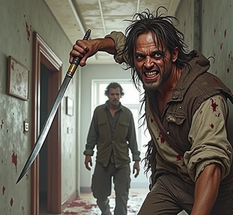 Rambo, Coming face to face with leatherface, Rambo with a knife in his hand stabbing him and leatherface with a chainsaw and covered in blood and guts on the ground