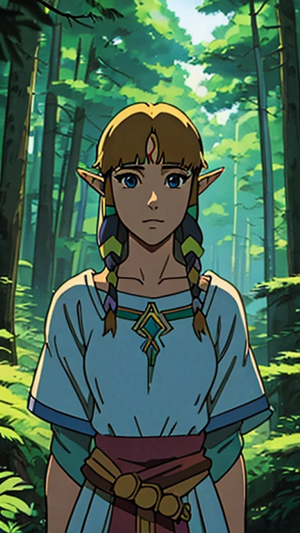 (Teens:1girl: princess zelda), (extremely detailed CG unit 8k wallpaper),(master part), (best quality), (ultra detail), (best illustration),(GHIBLI_Background), cowboy shot, (Sharp eyeliner, ombre, detailed eyes:1), forest, outdoor, ,break , (satosh kon art style), upper body, sksw, white dress, hair tubes, hair ribbon,