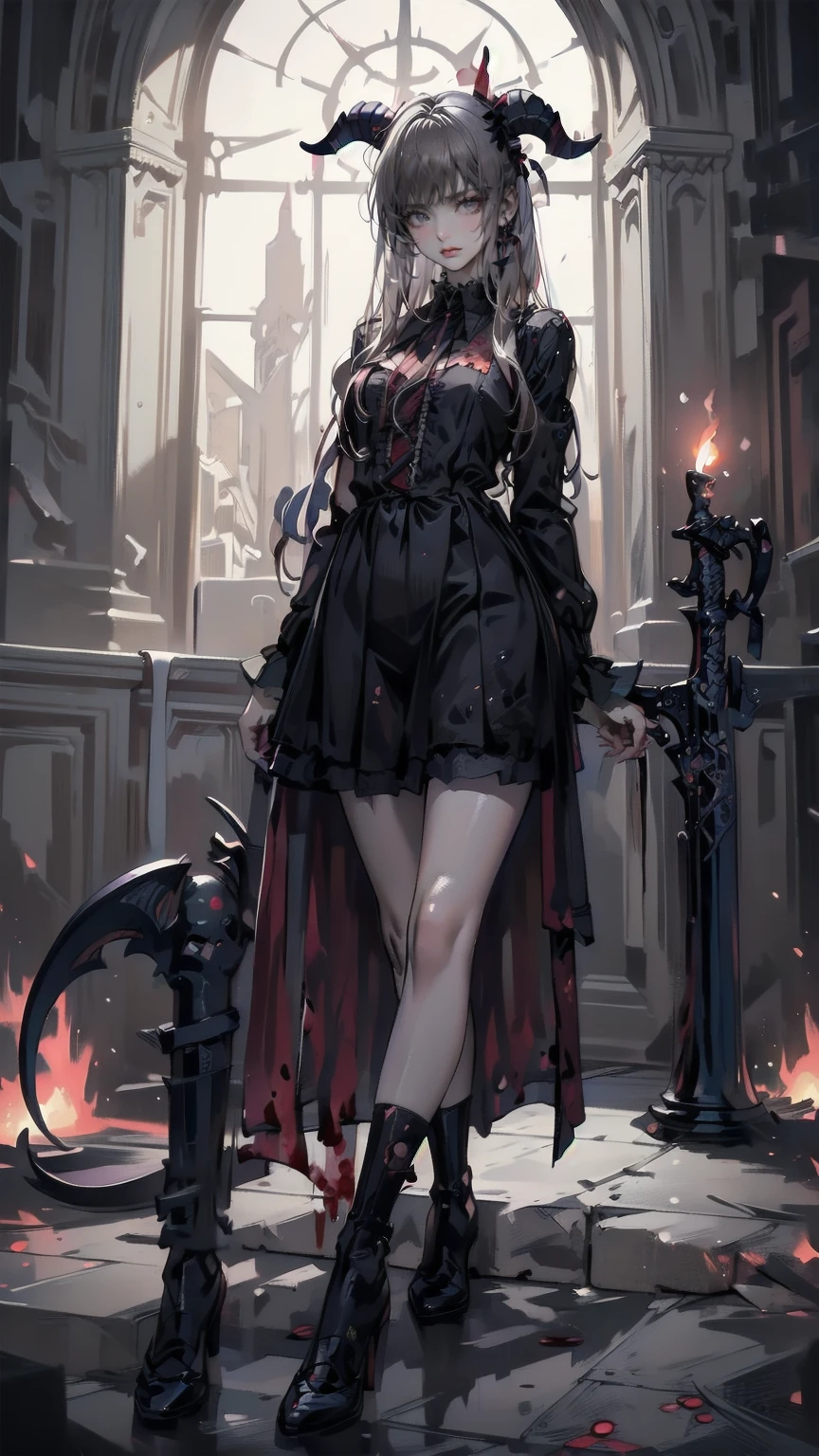 , Perfect Eyes, Soft Light, high quality, 4K resolution, Masterpiece: Finely textured skin, Attention to detail, 最high quality, Awards, Very detailed, high quality, devilの女王、Goat with horns, Gothic Dress, Living in the depths of hell, Lava flow, Blue long hair, Bright Blue Eyes, Red High Heels, Navy Blue Dress、Shadowed face　、Have a weapon、Staring at the audience with a frightened expression、beautiful girl、とてもcute天使、Pink Gothic Fashion、cute、baby face、smile、Long skirt、Black long boots、.(最high quality,4K,High resolution,masterpiece:1.2),Very detailed,Realistic:1.37,Spooky altar background,Dark fantasy,Red color scheme,Ominous atmosphere,Eye-catching,Storytelling,anatomy,Anime Style,Concept Art,beautifulAttention to detail顔と (((Red eyes ))),A terrifying ritual ,devilの儀式,Premature death,Inappropriate behavior,クレイジーなsmile,Scythe Face,Girl Monster, beautiful, Delicate facial features, Sharp Eye, Sharp Fangs, pale Skin, Dark Background, Cinema Lighting, Dramatic Shadows, Gothic style, Gloomy atmosphere, Dark fantasy, One person&#39;S, Please open your mouth wide, Open your mouth and baring your teeth,Sharp teeth like a beast, Wide lips, Very wide mouth, Red cheeks, ,(Blood splatter:1.4),Scary smile, smile,Angel Design, TwiSted smile、Bloody、Head bleeding,,,,,、Blood splatter、,(Blood splatter:1.4),skull,devil&#39;s gun,Horror Style, ((Fantasy Sweet Ta Frill Pink Costume)), ((Flowing blonde hair)), ,(Blood splatter:1.4),Female Curves, Sexy flat stomach, Perfect hands, Perfect anime character face, (Pink Tata Dress)), Standing, ((邪悪なsmile)), ,(Blood splatter:1.4), Steam circulation, Moonlight Illumination, night lighting, (Blood splatter:1.6),アニメAngel Design, TwiSted smile、Bloody、Head bleeding,,,,,、Blood splatter、,(Blood splatter:1.4), skull,Gothic architecture、Western architecture、ファンタジーのworld、,Victorian city, Skeleton Gas Light,Absurd, High resolution、 ((Tabletop)), ((最high quality)), (Very detailedな), ((Very detailed)), (beautiful), ((cute)), (NFSW:1.8), One personで,(:1.6)、(world&#39;最も恐ろしく不気味なdevilの少女:1.5)beautiful face、Full Body Ezbian、pale, beautiful肌、beautiful金の髪、smile gently、Dark building ruins、(snow white&#39;Frill dress:1.3)、(The dark ruins are stained with blood:1.3)、Low angle full body shot、(少女は血の池の中にStanding:1.5)、(The ground is full of blood:1.3)、(The girl lost a lot of blood.....:1.3)、(クレイジーなsmile:1.6)、Spirits、(Blood dripping from the mouth:1.3)、
