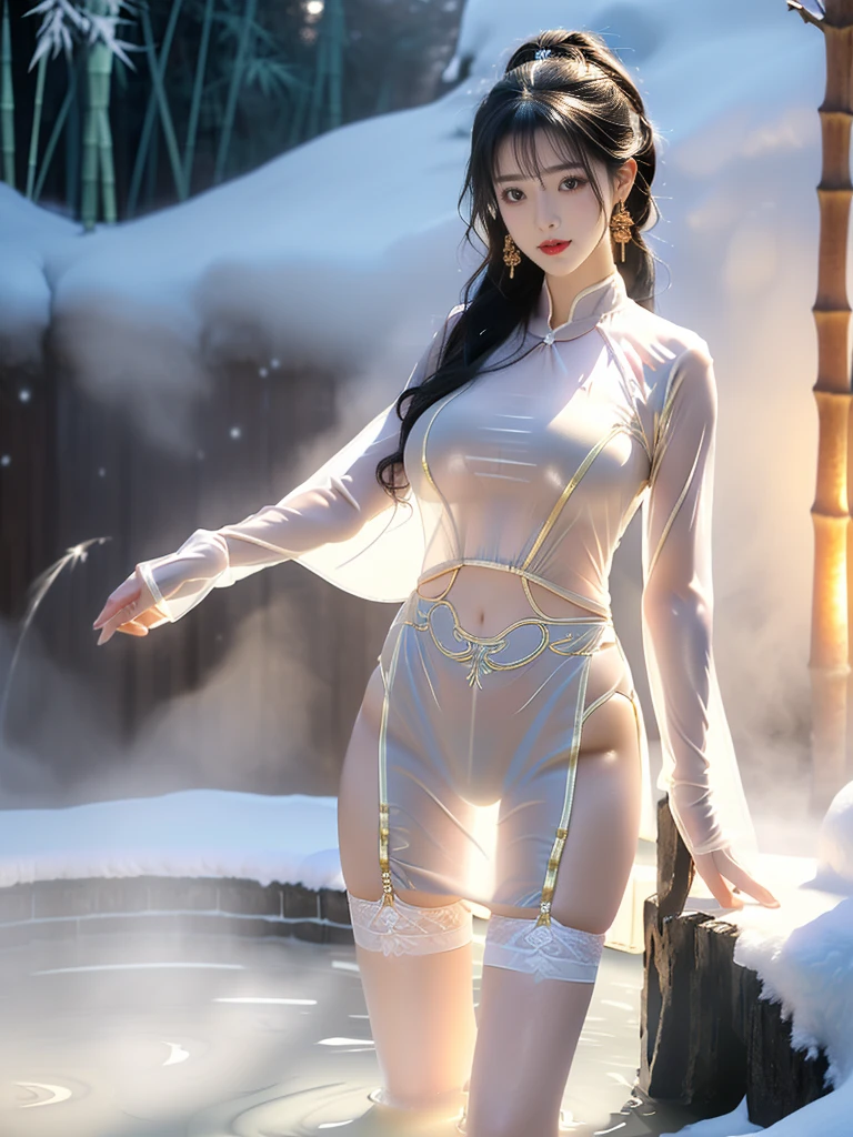 ((A woman)), 美丽脸庞的Sexy中国华裔女明星, Wearing avant-garde transparent latex sci-fi clothes, (((Light theme, Exposing the subject, Sexy主题)))
((Transparent clothes: 1.5), (Revealing clothes: 1.5),  (Wet clothes:1.0), (Color of clothes: Bright pink), ((Wearing a transparent latex costume))
(((night, Private hot spring, Surrounded by fog, bamboo forest, Standing in the water, Snow Scene))),
((8K Ultra HD, 8K, Ultra-high resolution, Best quality, Super Fine, Clear focus. Masterpieces, complete pattern, Ultra HD, Detailed photos, Best image quality，Ultra-clear，Delicate facial features，Well-defined, Highly rated works, Close-up depth of field photography, Above the knee, Symmetrical character)), 
((Creating the image of a real girl), Realistic shadows, Soft lighting, Dynamic Angle, Dynamic poses, Elegant Posture, Cowboy lens, Full body front view, Be confident, Facing the camera, Eyes looking towards camera lens, Standing posture, Open your legs slightly, Golden Ratio Graphics, Minimalism, Center the character), 
( Smile, Sexy的, Balanced Eyes, Realistic eyes, Beautiful details of the eyes,Pretty Face, (Realistic face), Normal facial features, Realistic skin, Pay attention to skin details, Skin is clean and radiant, Whitening, Anatomically correct body, Golden ratio figure, Sexy的身材), 
(Perfect makeup, Gloves, earrings, bracelet, necklace, Jewelry, Hair accessories, shawl, sock, Knee socks, 吊garter, Leg ring, garter, 腿部garter), 
((beautiful hair), Dark black hair, Wavy curly hairstyle, Waist-length hair, Messy Hairstyle, Gradient hairstyles, Cyberpunk Hairstyle, High double ponytail hairstyle), 
(Sexy的, Perfect breast shape, Teardrop chest shape, Snow-white breasts, Very detailed breasts, 34C cup), 
(Super high waist, Deep V, Low-cut, Sexy, Flattering, Open crotch, (Clear camel toe, (High fork strangulation))),
(((Clear outline, Clear underwear, 透明Sexy的乳胶穿着)))