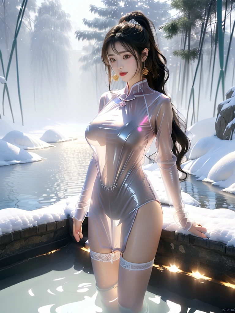 ((A woman)), 美丽脸庞的Sexy中国华裔女明星, Wearing avant-garde transparent latex sci-fi clothes, (((Light theme, Exposing the subject, Sexy主题)))
((Transparent clothes: 1.5), (Revealing clothes: 1.5),  (Wet clothes:1.0), (Color of clothes: Bright pink), ((Wearing a transparent latex costume))
(((night, Private hot spring, Surrounded by fog, bamboo forest, Standing in the water, Snow Scene))),
((8K Ultra HD, 8K, Ultra-high resolution, Best quality, Super Fine, Clear focus. Masterpieces, complete pattern, Ultra HD, Detailed photos, Best image quality，Ultra-clear，Delicate facial features，Well-defined, Highly rated works, Close-up depth of field photography, Above the knee, Symmetrical character)), 
((Creating the image of a real girl), Realistic shadows, Soft lighting, Dynamic Angle, Dynamic poses, Elegant Posture, Cowboy lens, Full body front view, Be confident, Facing the camera, Eyes looking towards camera lens, Standing posture, Open your legs slightly, Golden Ratio Graphics, Minimalism, Center the character), 
( Smile, Sexy的, Balanced Eyes, Realistic eyes, Beautiful details of the eyes,Pretty Face, (Realistic face), Normal facial features, Realistic skin, Pay attention to skin details, Skin is clean and radiant, Whitening, Anatomically correct body, Golden ratio figure, Sexy的身材), 
(Perfect makeup, Gloves, earrings, bracelet, necklace, Jewelry, Hair accessories, shawl, sock, Knee socks, 吊garter, Leg ring, garter, 腿部garter), 
((beautiful hair), Dark black hair, Wavy curly hairstyle, Waist-length hair, Messy Hairstyle, Gradient hairstyles, Cyberpunk Hairstyle, High double ponytail hairstyle), 
(Sexy的, Perfect breast shape, Teardrop chest shape, Snow-white breasts, Very detailed breasts, 34C cup), 
(Super high waist, Deep V, Low-cut, Sexy, Flattering, Open crotch, (Clear camel toe, (High fork strangulation))),
(((Clear outline, Clear underwear, 透明Sexy的乳胶穿着)))