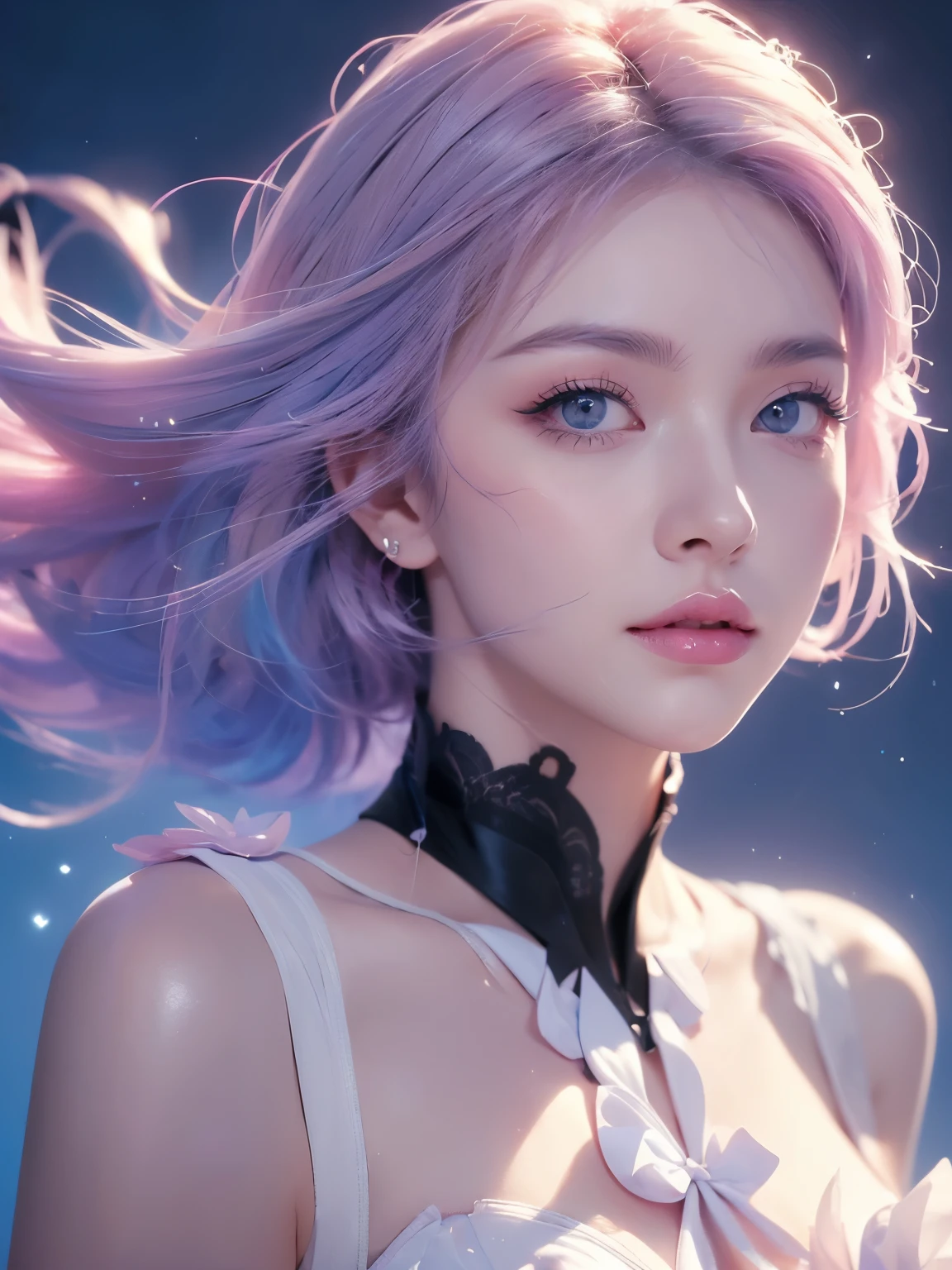 ((masterpiece,best quality)),(negative space:1.4),(1girl, solo:1.4),beautiful detailed eyes,floating pastel pink and lavender hair, lavender eyes, at night, starry sky, stars shining