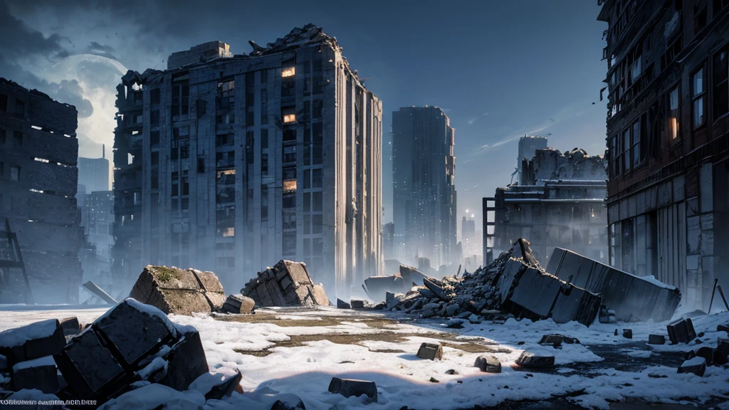 A piece of urban ruins,Cyberdoomsday style,Icy mechanical wreckage pushed over the ruins,Some weapons and soldiers lay in ruins